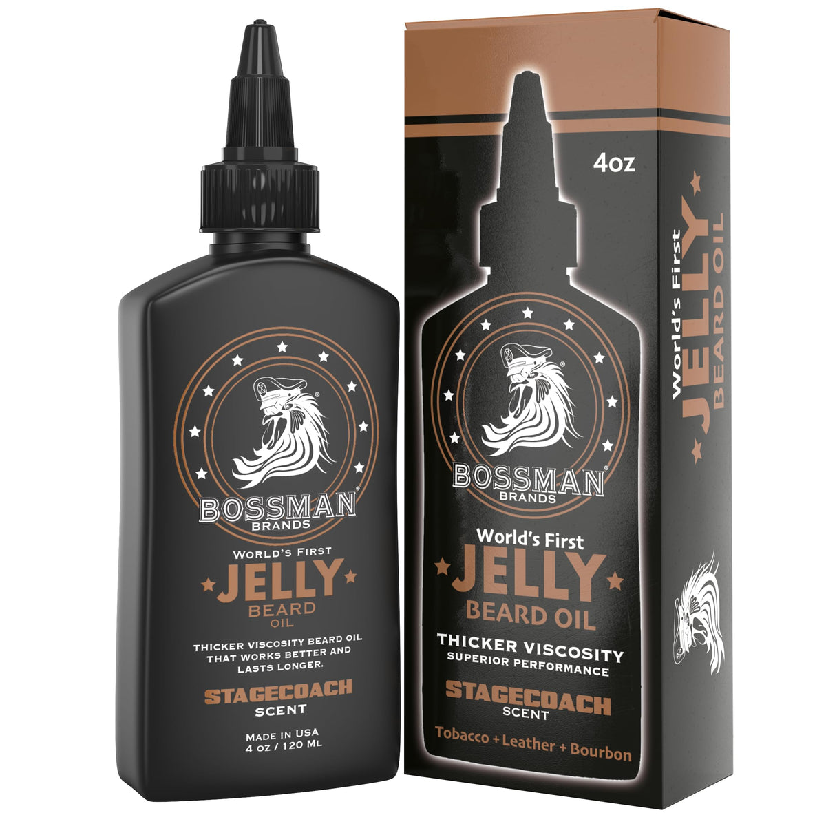 Bossman Jelly Beard Oil Stagecoach, flacon visible, hydratation et parfum distinctifs.