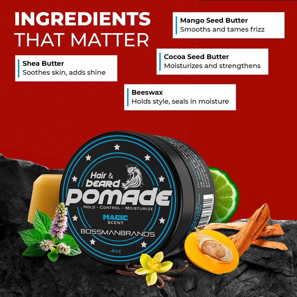 Barbe sculptée avec Bossman Pomade Magique pour un coiffage précis.