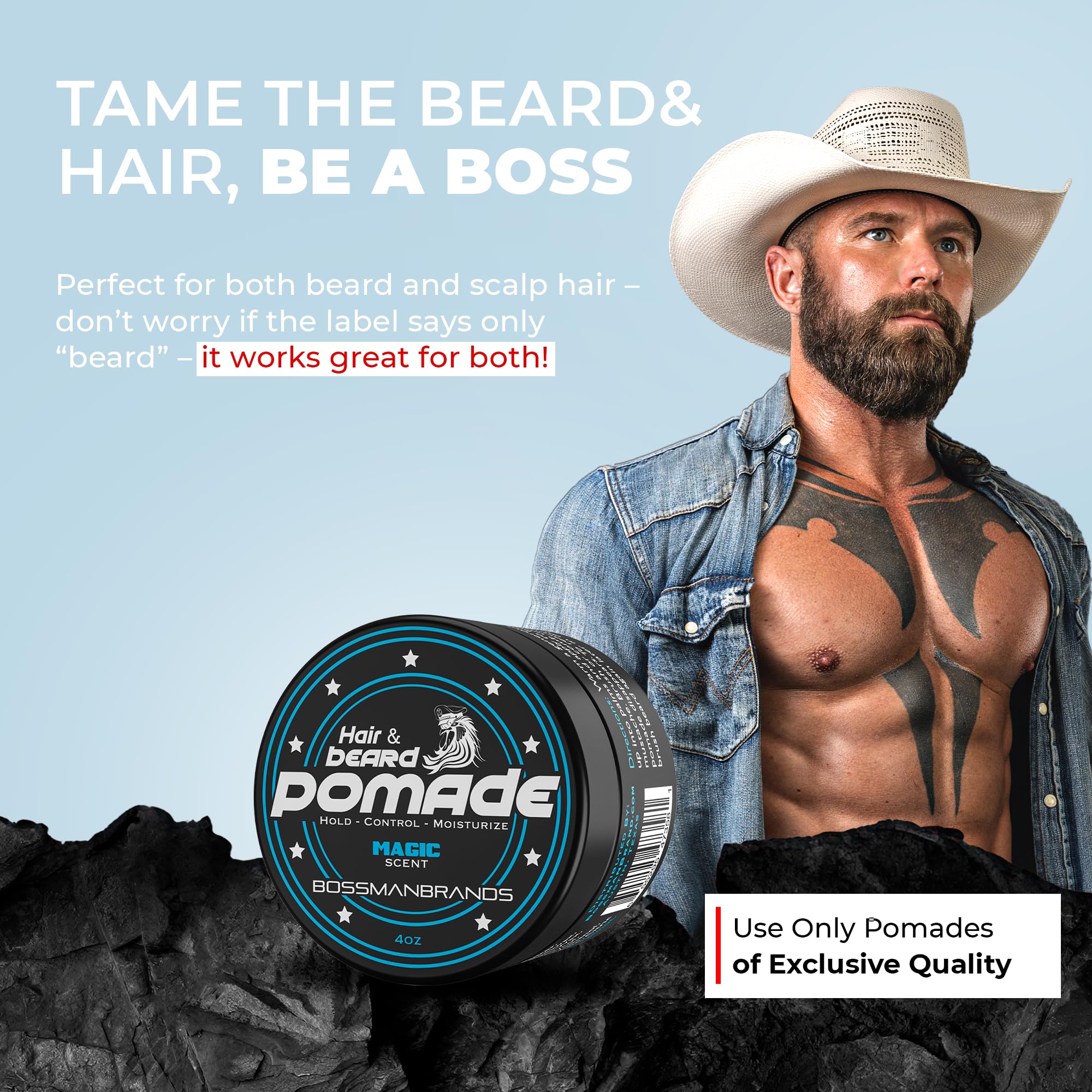 Fabriqué aux États‑Unis, Bossman Pomade Magique, sans cruauté animale.