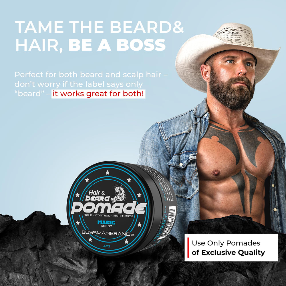 Fabriqué aux États‑Unis, Bossman Pomade Magique, sans cruauté animale.