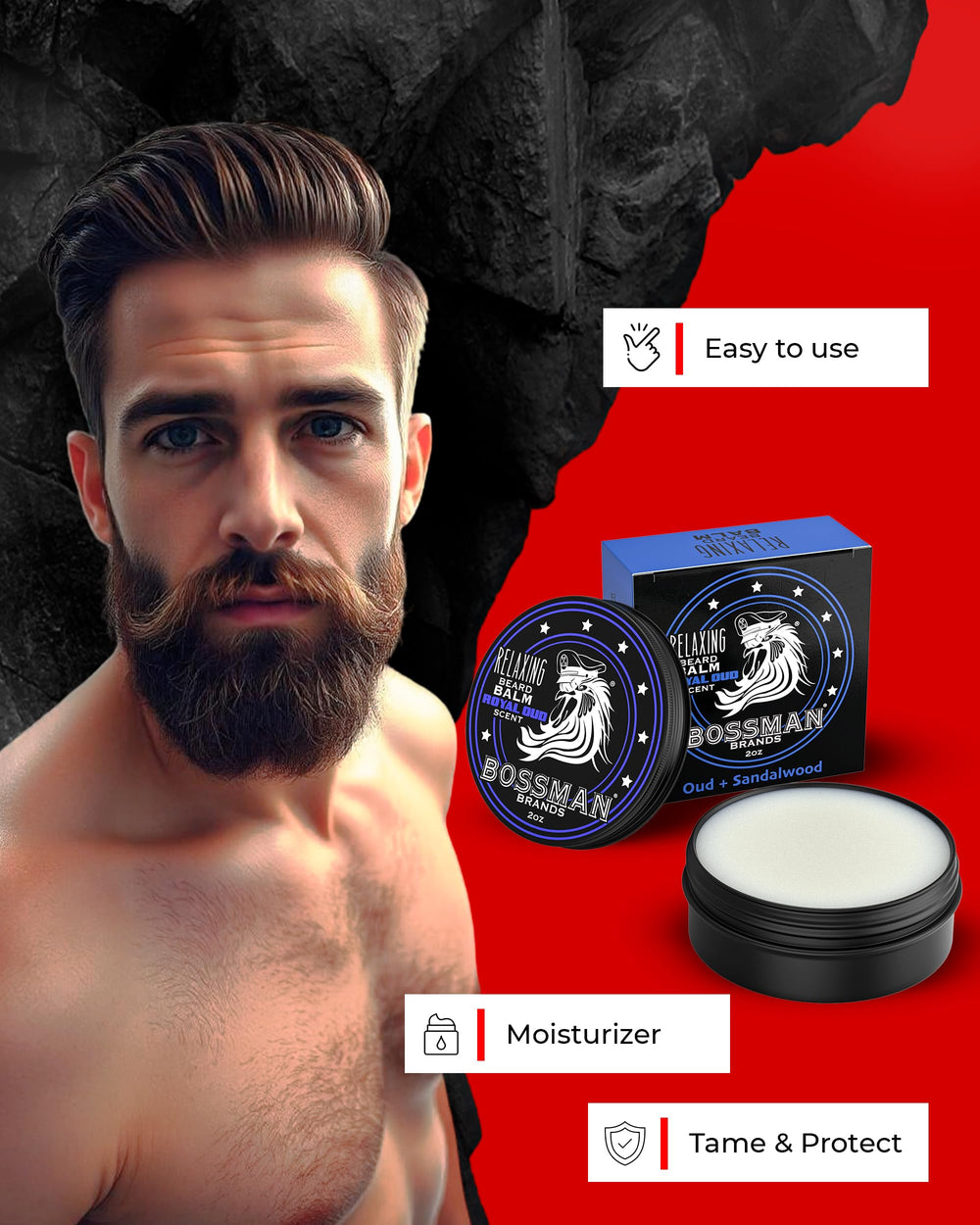Application sur barbe par Bossman Relaxing Beard Balm, apaise et dompte les poils rebelles.