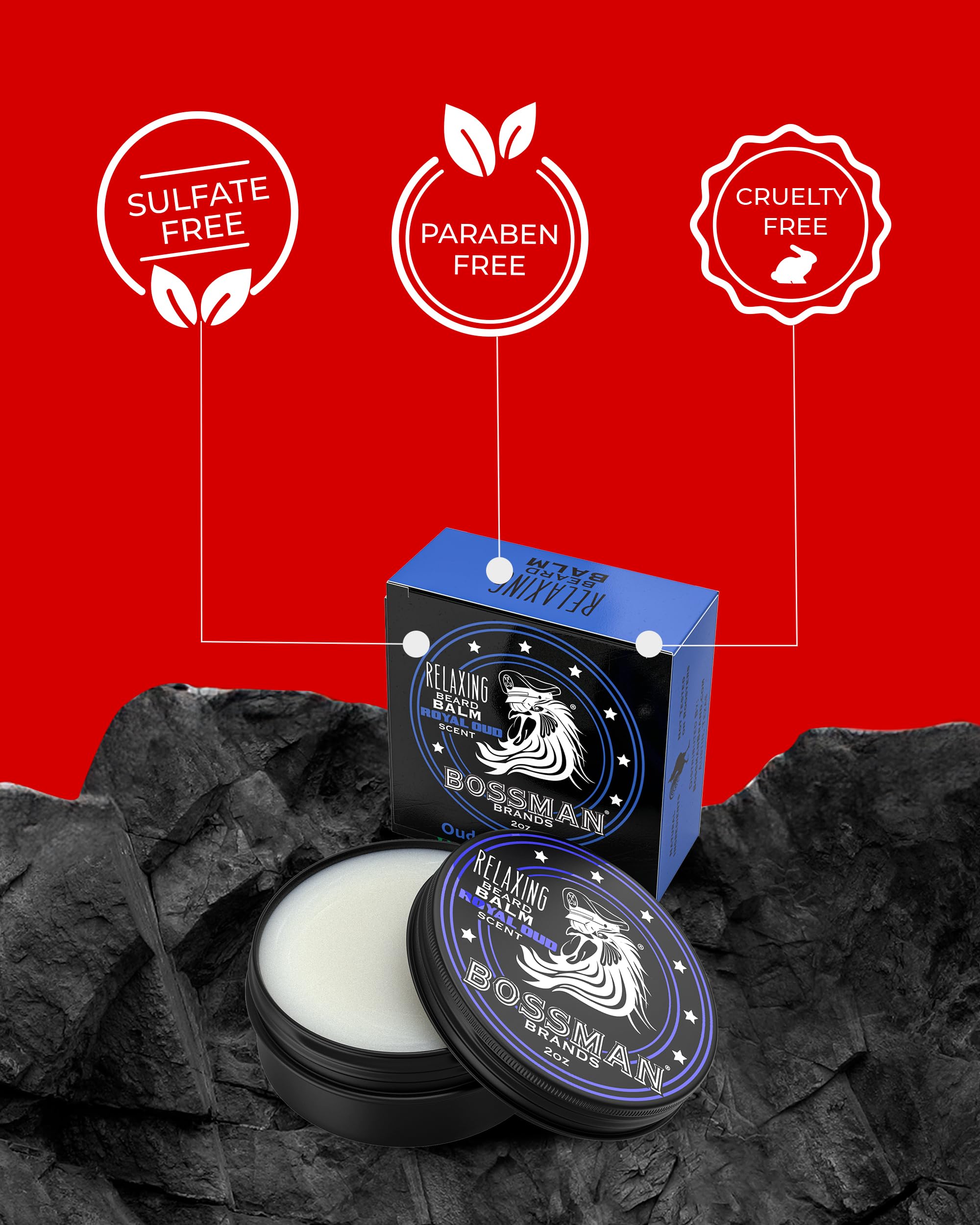 Emballage Bossman Relaxing Beard Balm Royal Oud prêt à offrir et transporter.