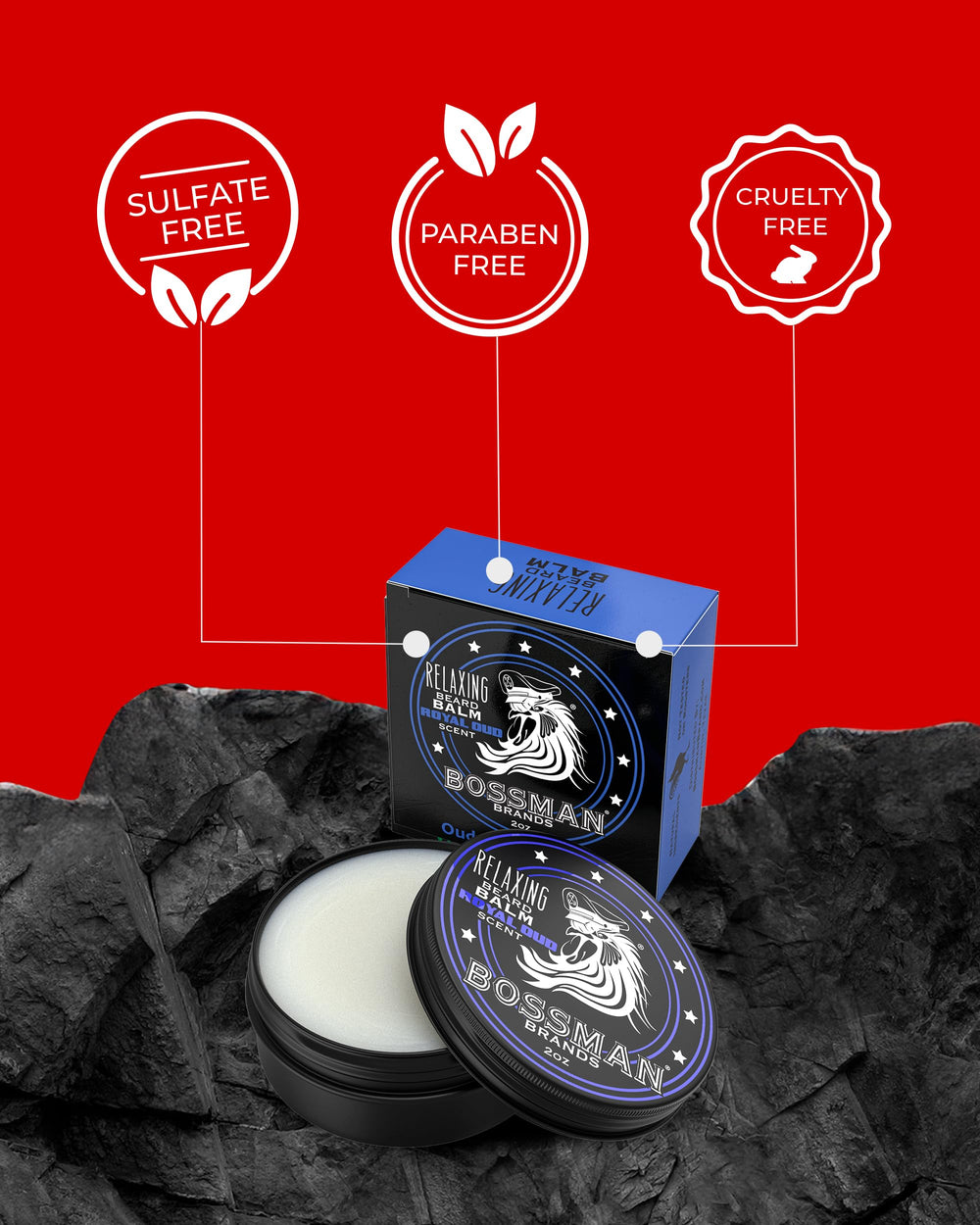 Emballage Bossman Relaxing Beard Balm Royal Oud prêt à offrir et transporter.