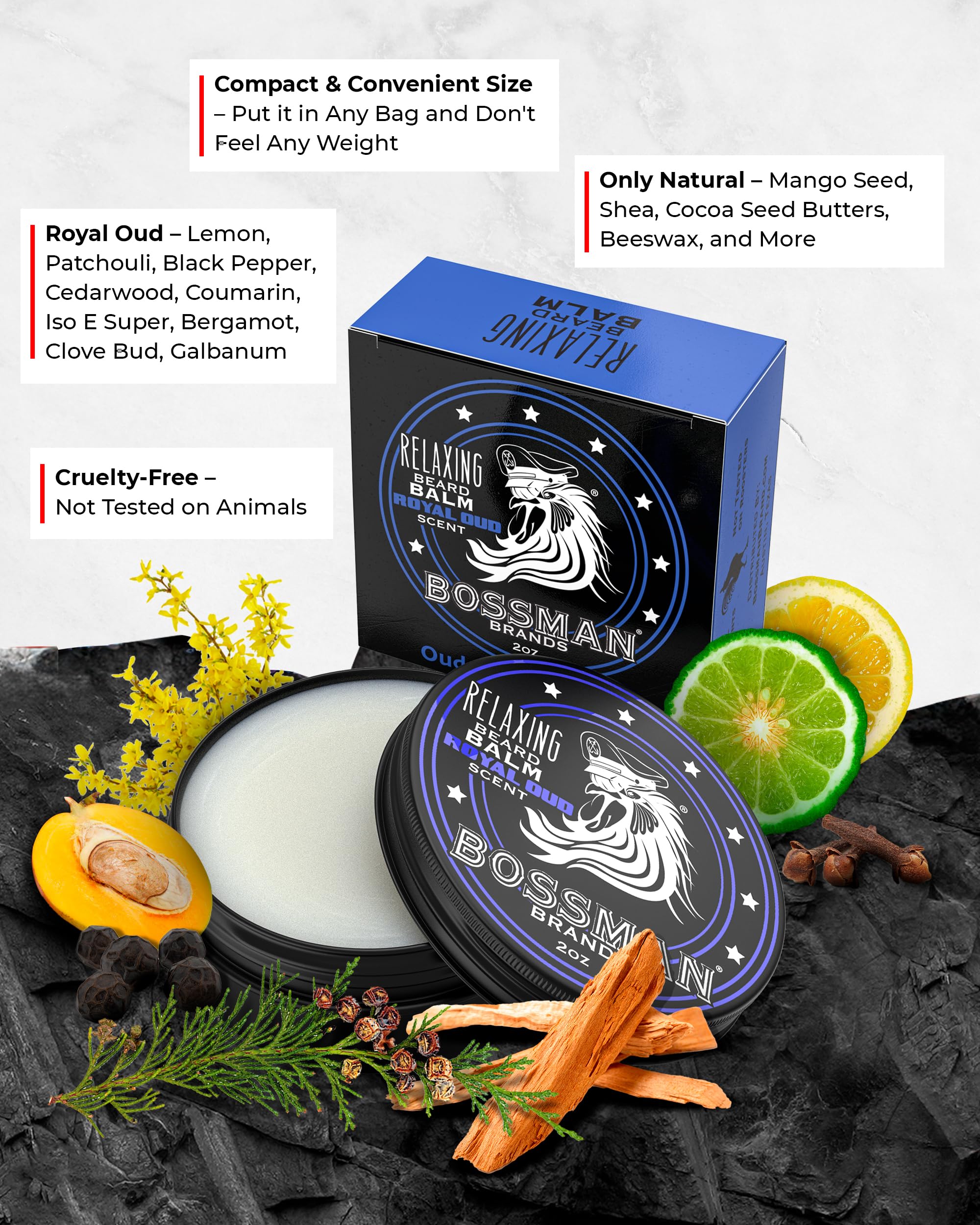 Texture crème douce Bossman Relaxing Beard Balm, application fluide pour barbe mieux maîtrisée.