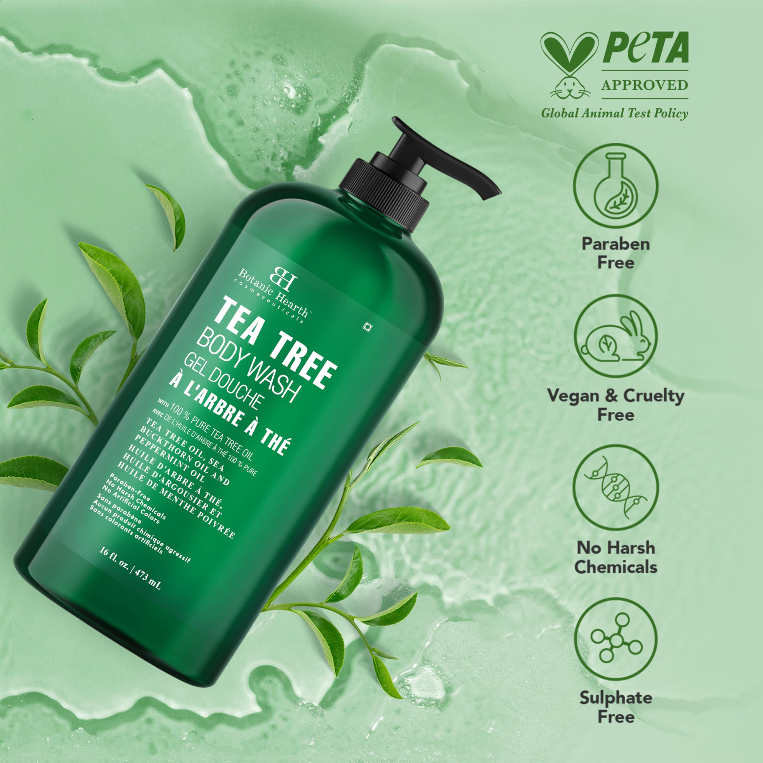 Botanic Hearth Gel Douche Arbre à Thé – étiquette claire rappelant les ingrédients naturels