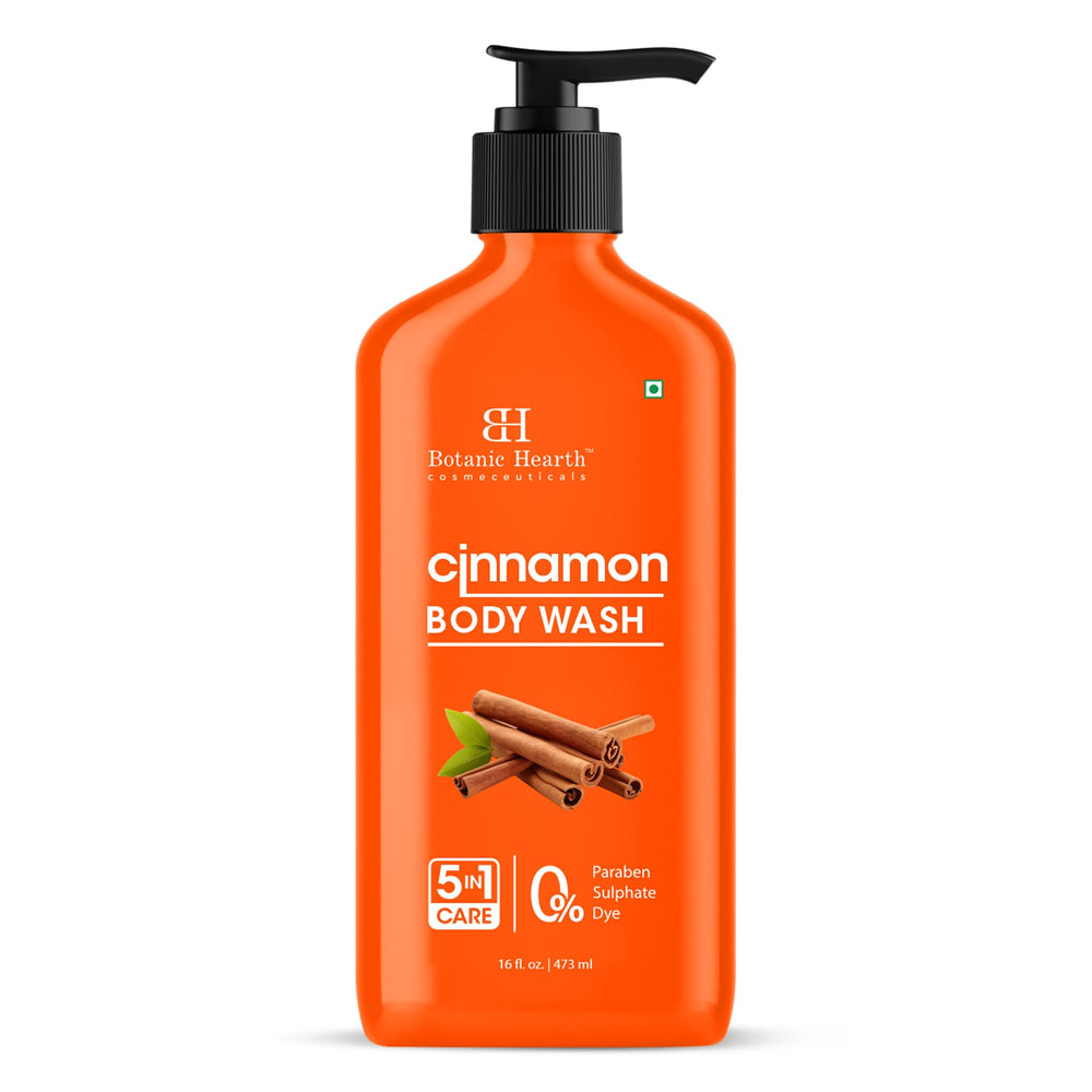 Botanic Hearth Cinnamon Body Wash bottle showcases daily cleansing with a spicy aroma.