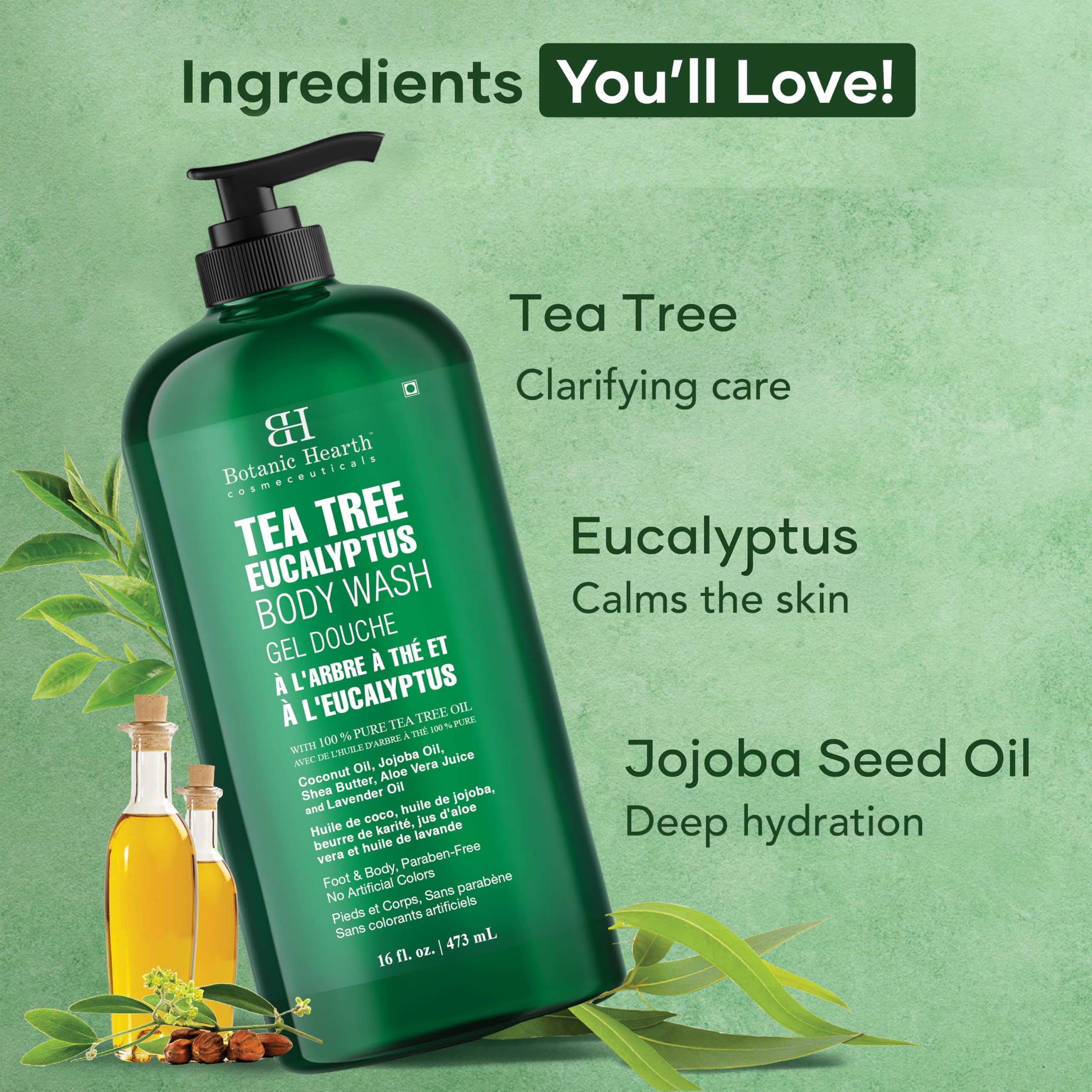 Botanic Hearth gel douche Éucalyptus Arbre à Thé – nettoie en douceur et peut purifier les pores.