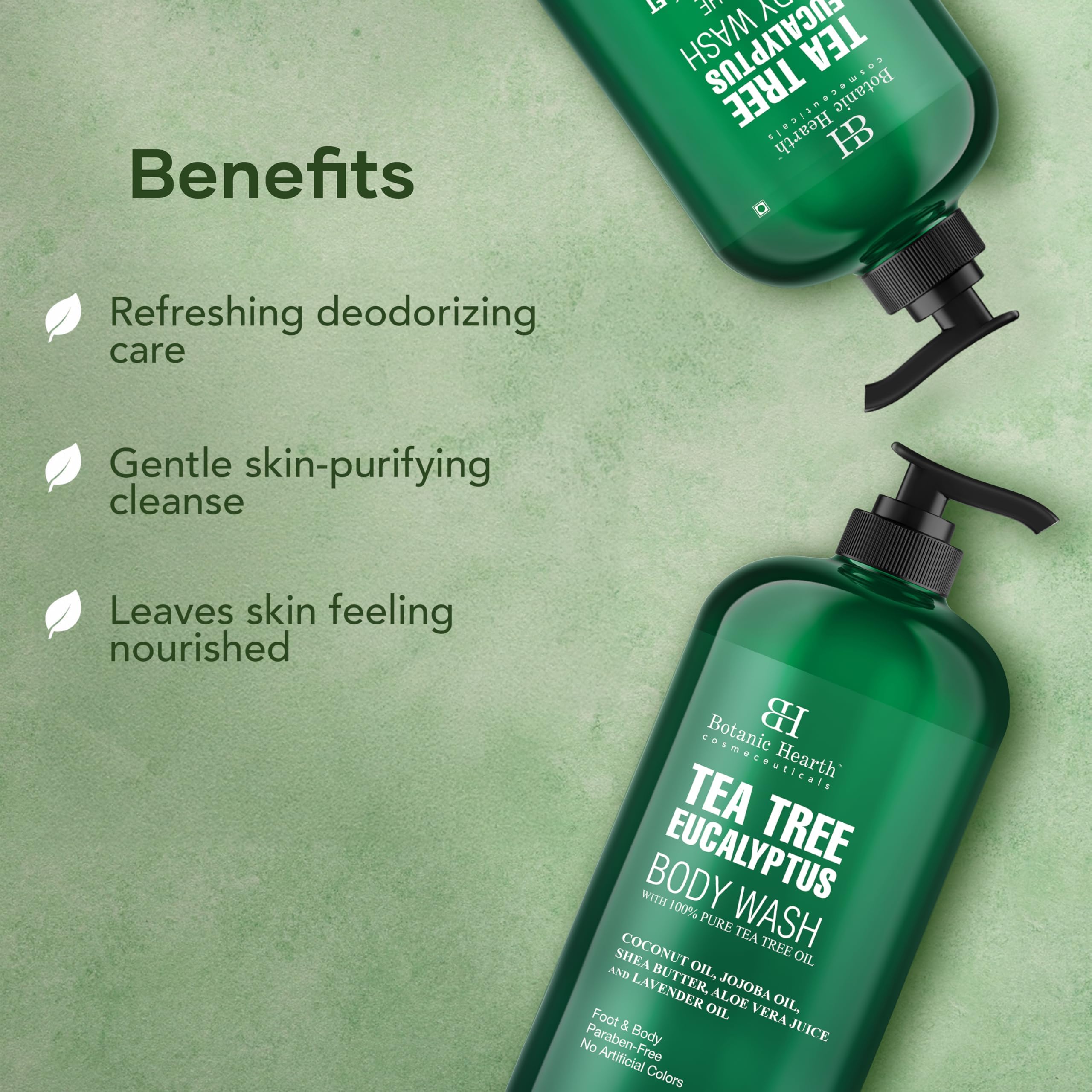 Botanic Hearth gel douche Éucalyptus Arbre à Thé – produit sans cruauté et sans colorants ajoutés.