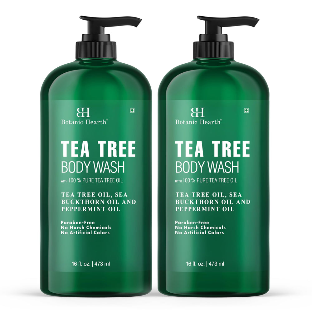 Botanic Hearth Gel Douche Arbre-a-The, bouteille nette pour nettoyage en profondeur du corps.