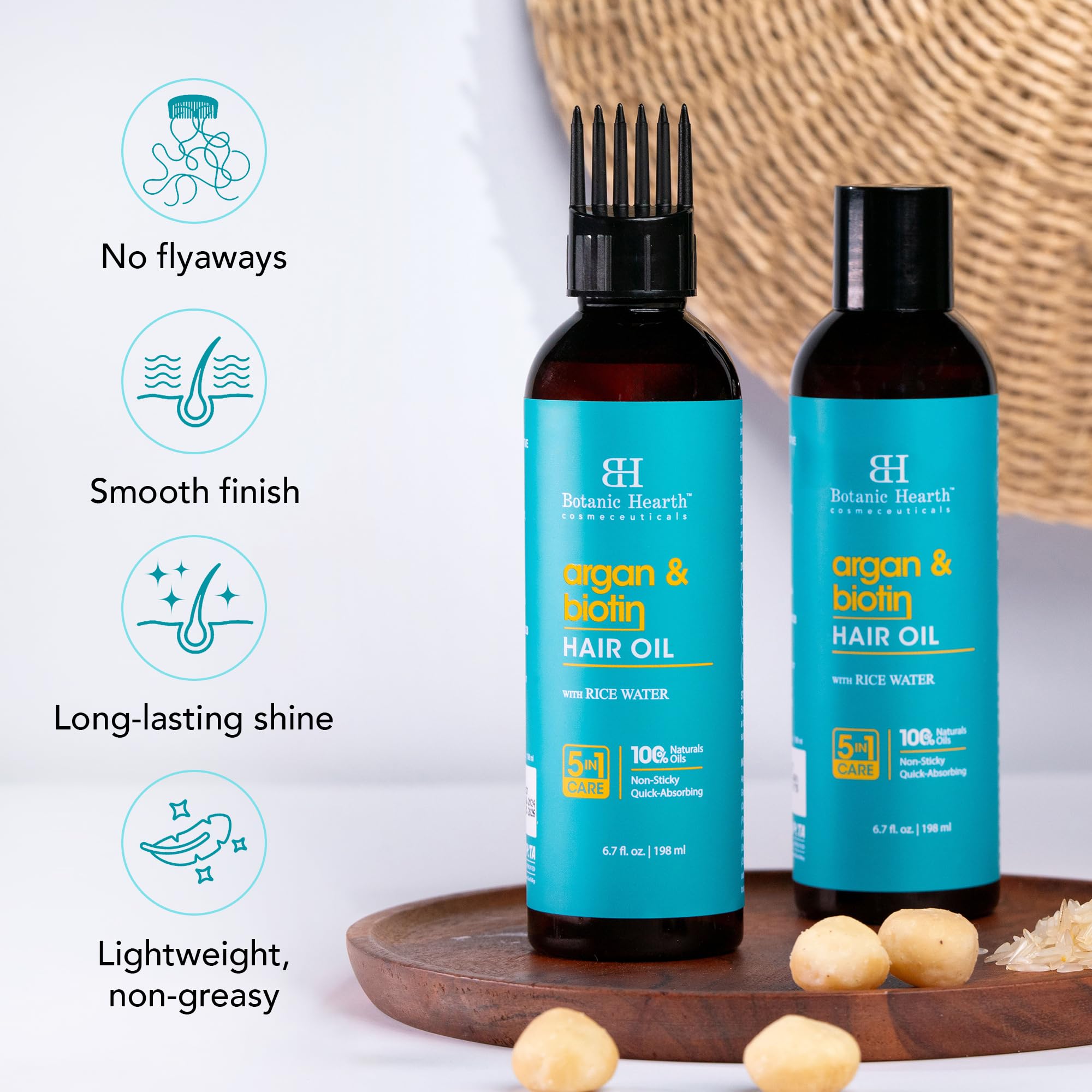 Botanic Hearth Huile Cheveux maîtrise les frisottis et donne une allure plus lisse.