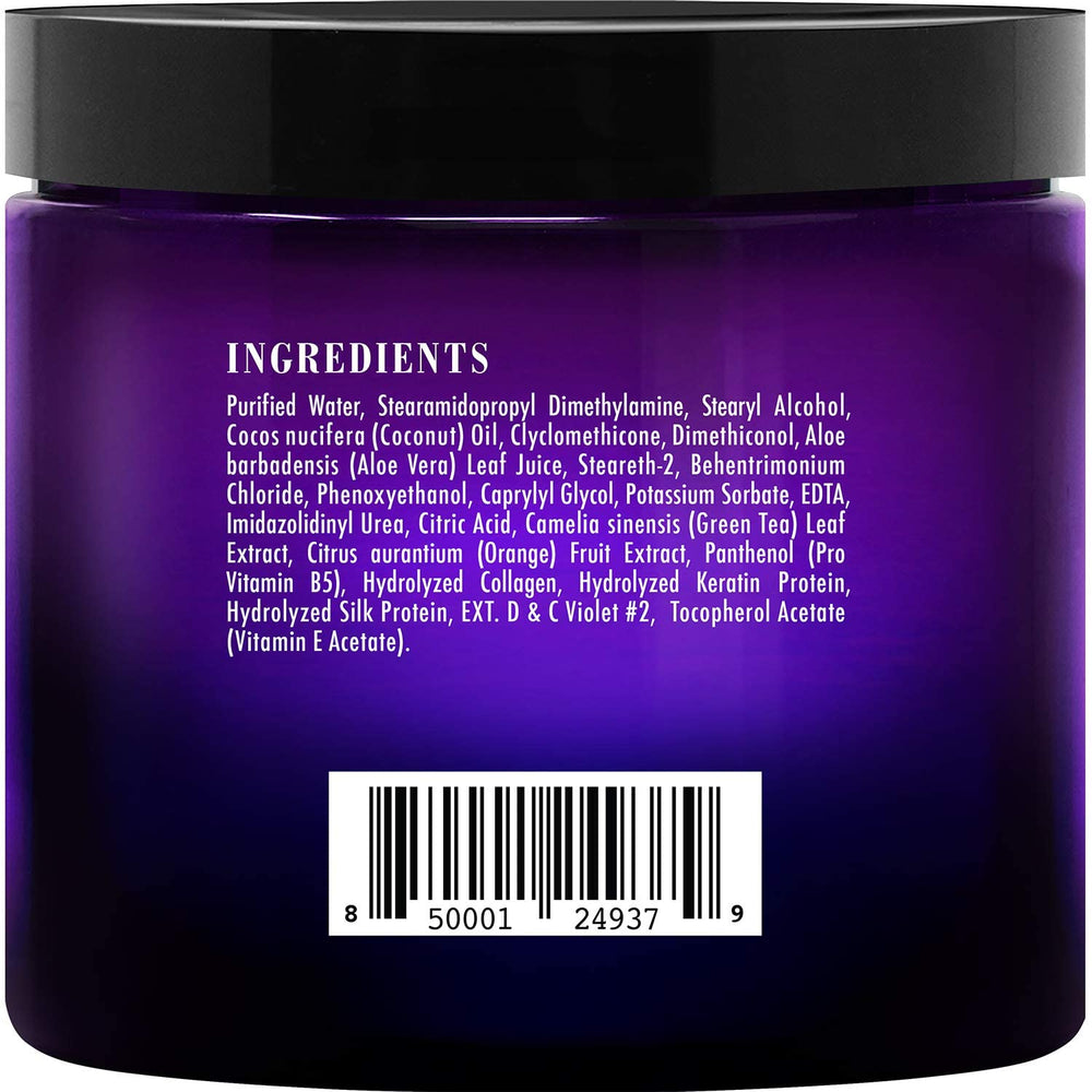 Bottle display with ultraviolet hue suggesting brassy neutralization.
