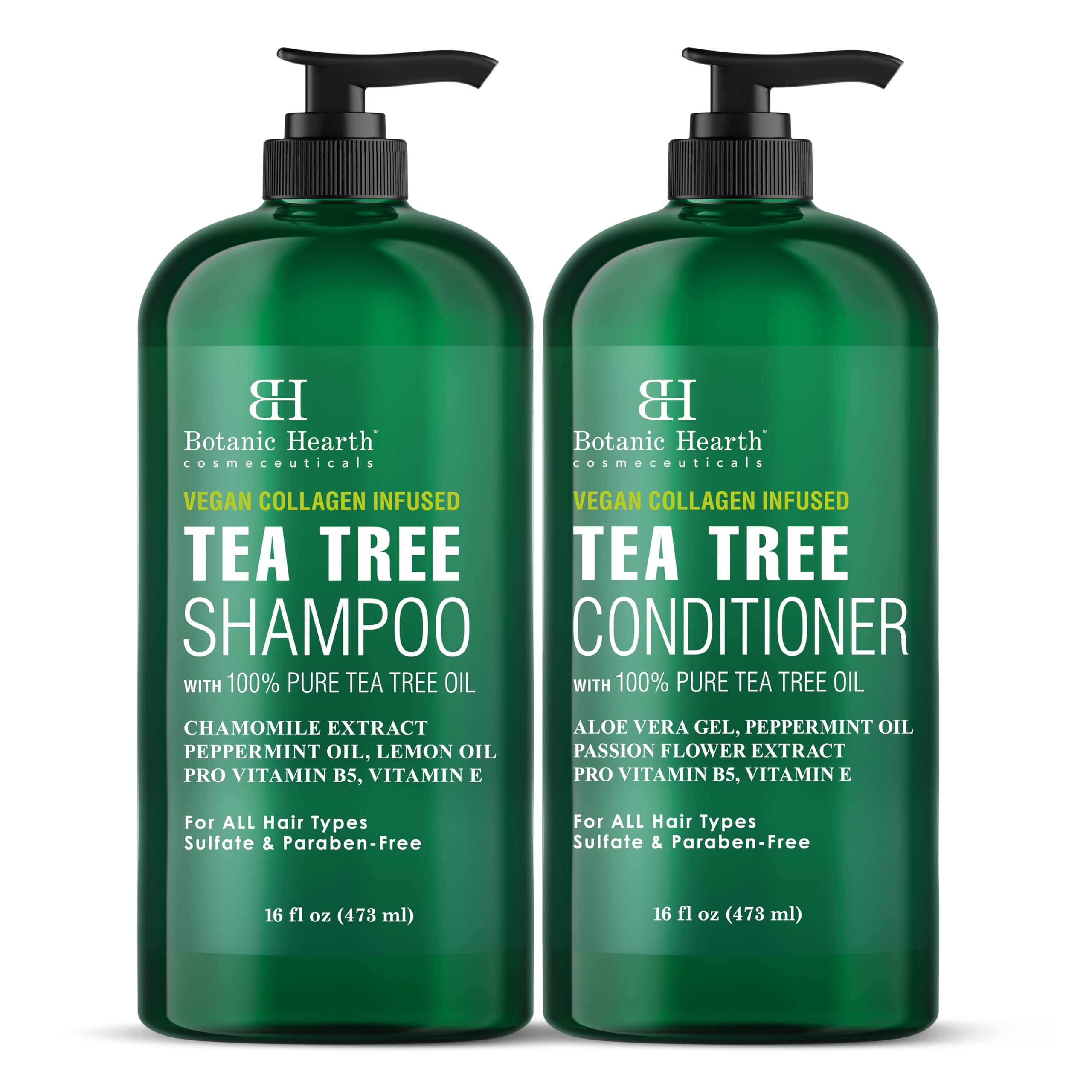 Botanic Hearth Shampoing Tea Tree en bouteille, clarifie le cuir chevelu et rafraîchit les cheveux.
