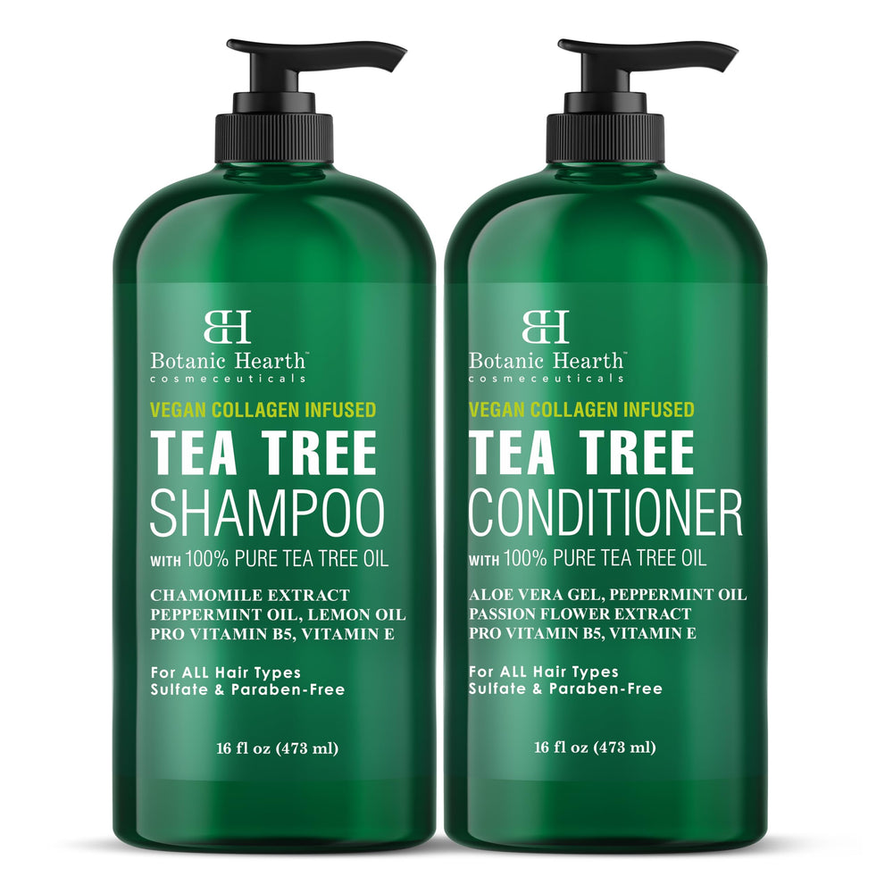 Botanic Hearth Shampoing Tea Tree en bouteille, clarifie le cuir chevelu et rafraîchit les cheveux.