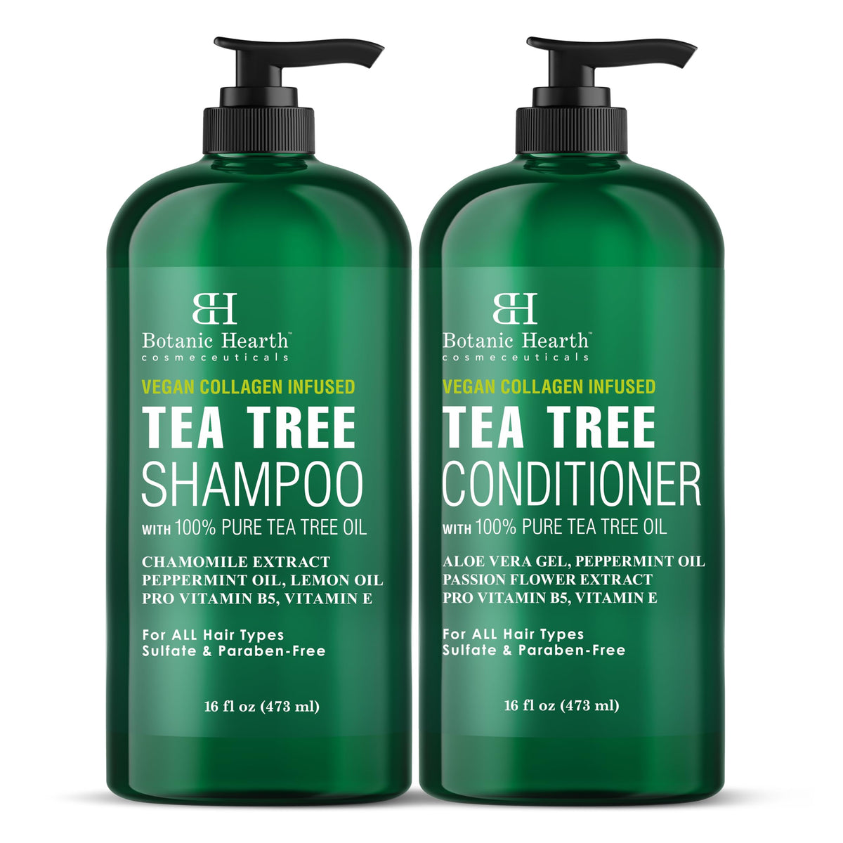Botanic Hearth Shampoing Tea Tree en bouteille, clarifie le cuir chevelu et rafraîchit les cheveux.