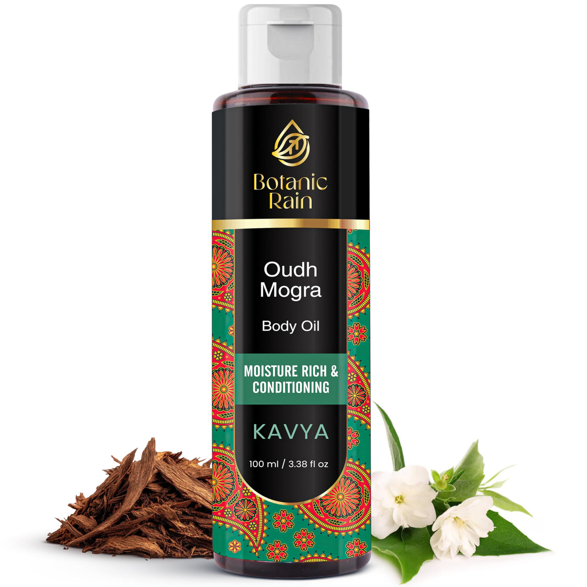 Botanic Rain huile corporelle ayurvédique oudh-mogra dans sa bouteille, hydratation légère.