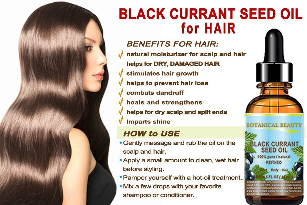 Botanical Beauty Black Currant Seed Oil used in hair care for shine