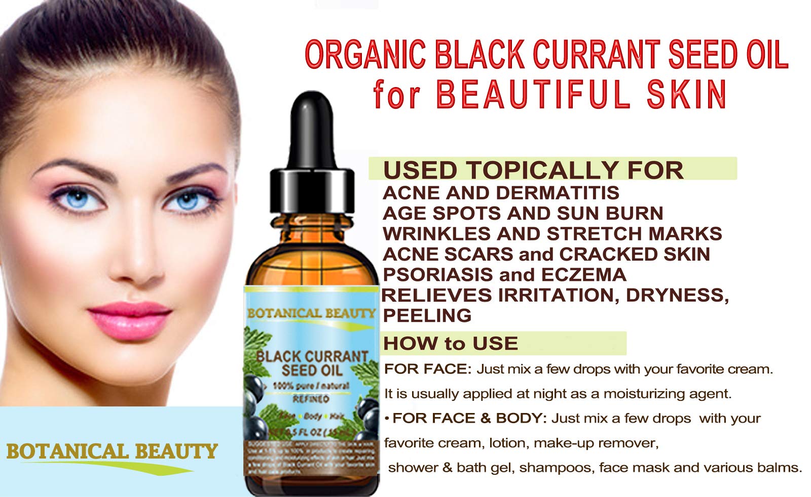 Botanical Beauty Black Currant Seed Oil applied to skin for a glow