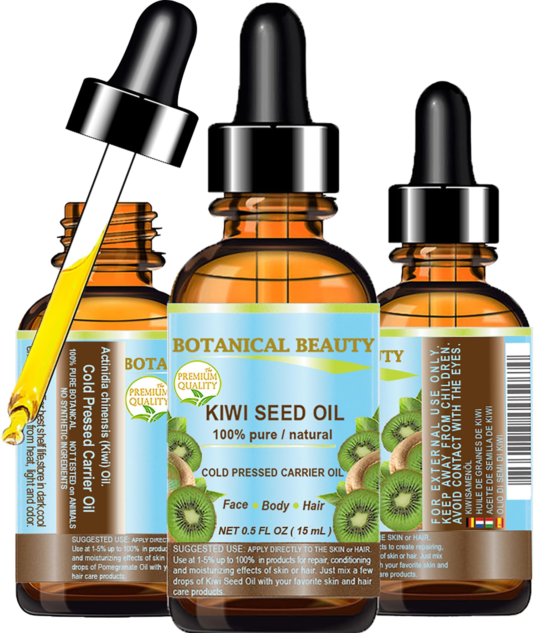 Botanical Beauty Kiwi Seed Oil bottle showing pure, vitamin-rich oil for skin hydration
