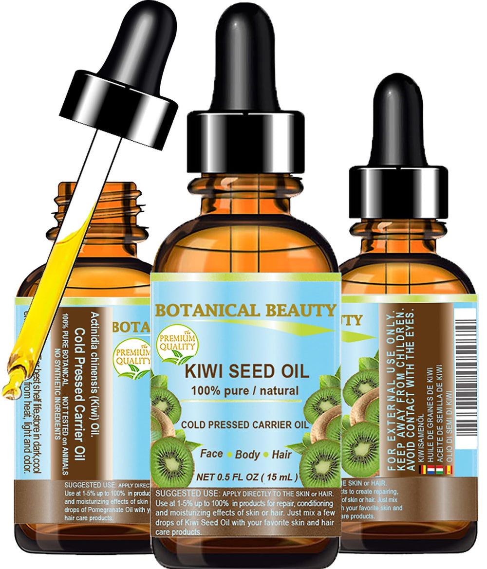Botanical Beauty Kiwi Seed Oil bottle showing pure, vitamin-rich oil for skin hydration