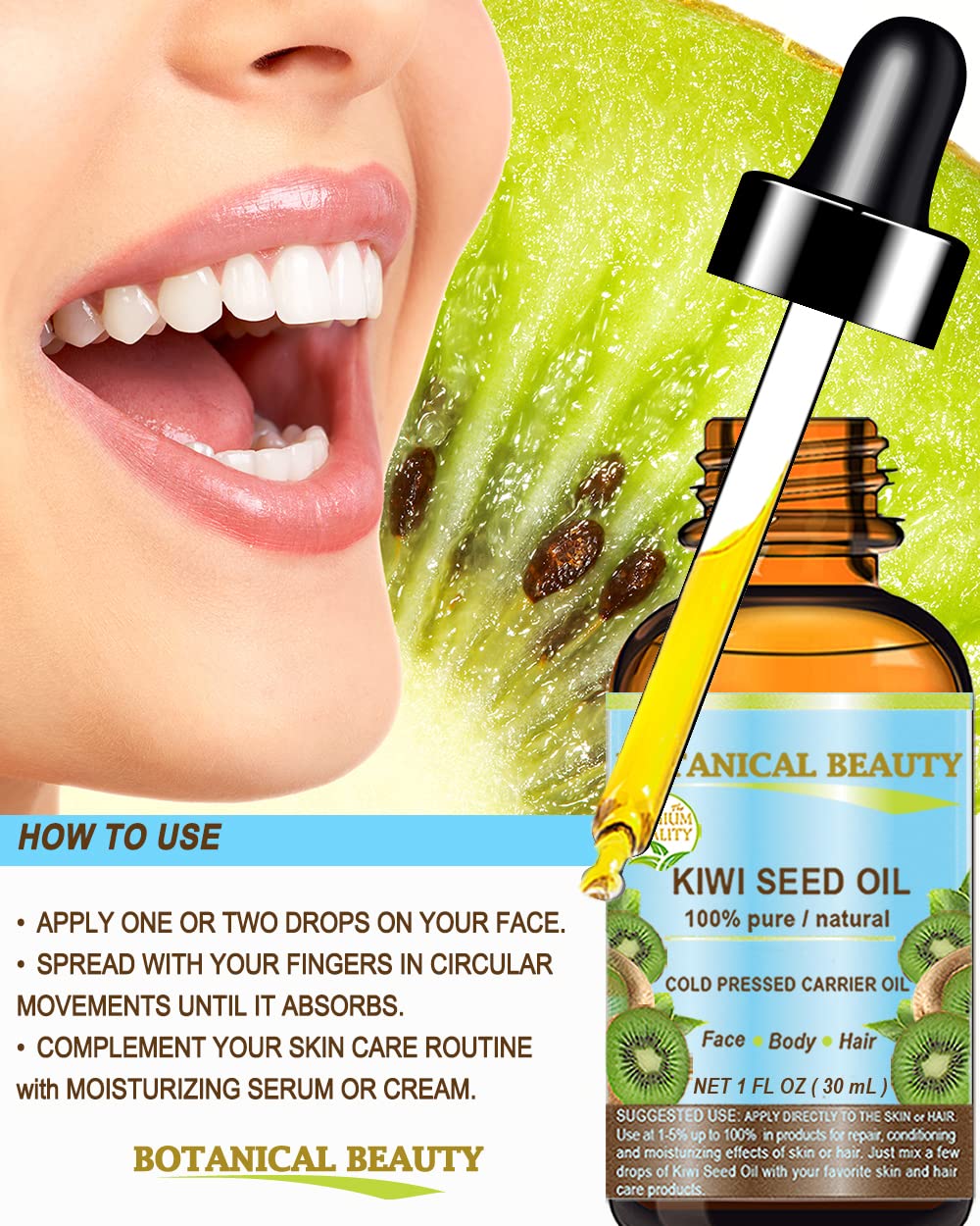 Botanical Beauty Kiwi Seed Oil used for hair nourishment and shine
