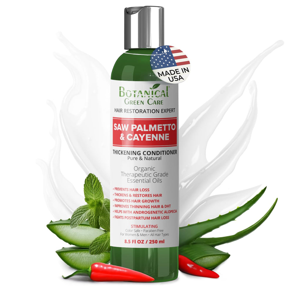 Botanical Green Care Conditionneur Saw Palmetto Cayenne, flacon, aide à l'apparence plus dense et radieuse.