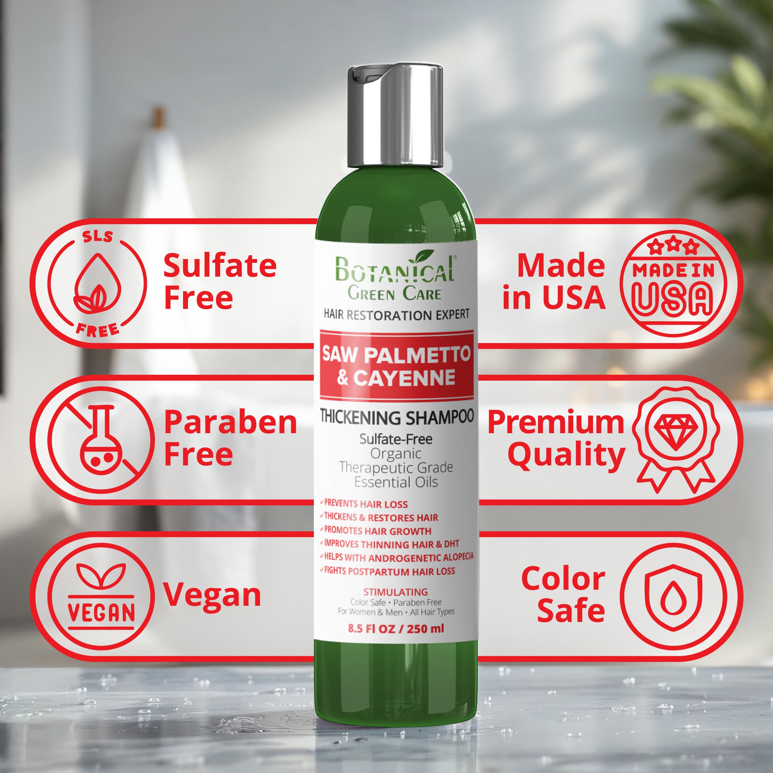 Botanical Green Care Saw Palmetto Cayenne Shampoo étiquette – formule naturelle sans sulfates