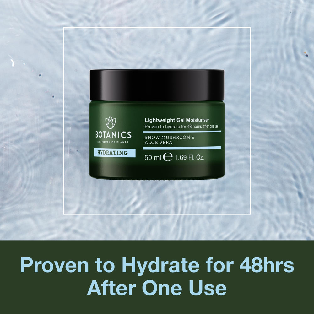 Botanics hydrating gel texture close-up demonstrates cooling, non-greasy daily moisturizer