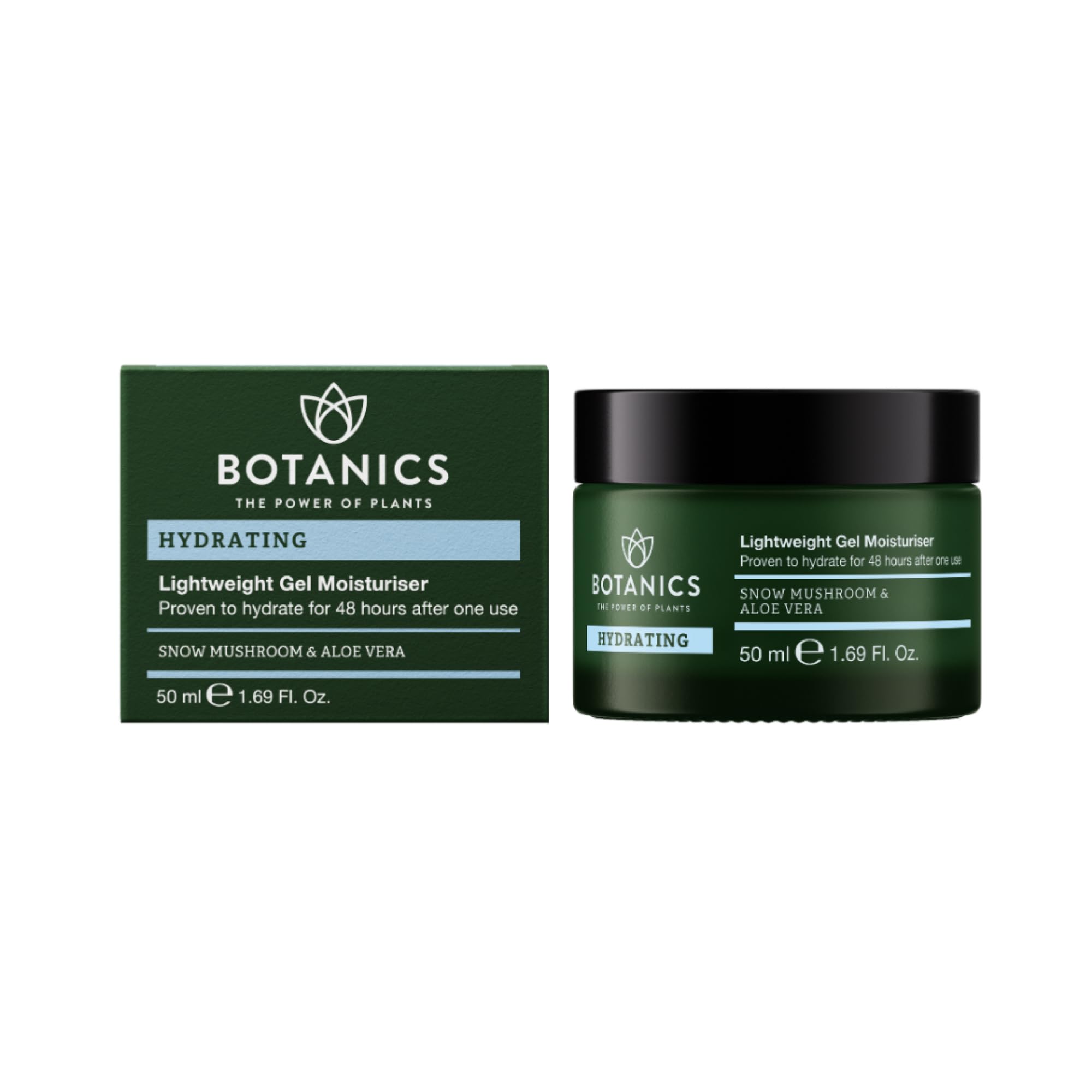 Botanics lightweight hydrating face moisturizer bottle showing fast-absorb gel for dry skin