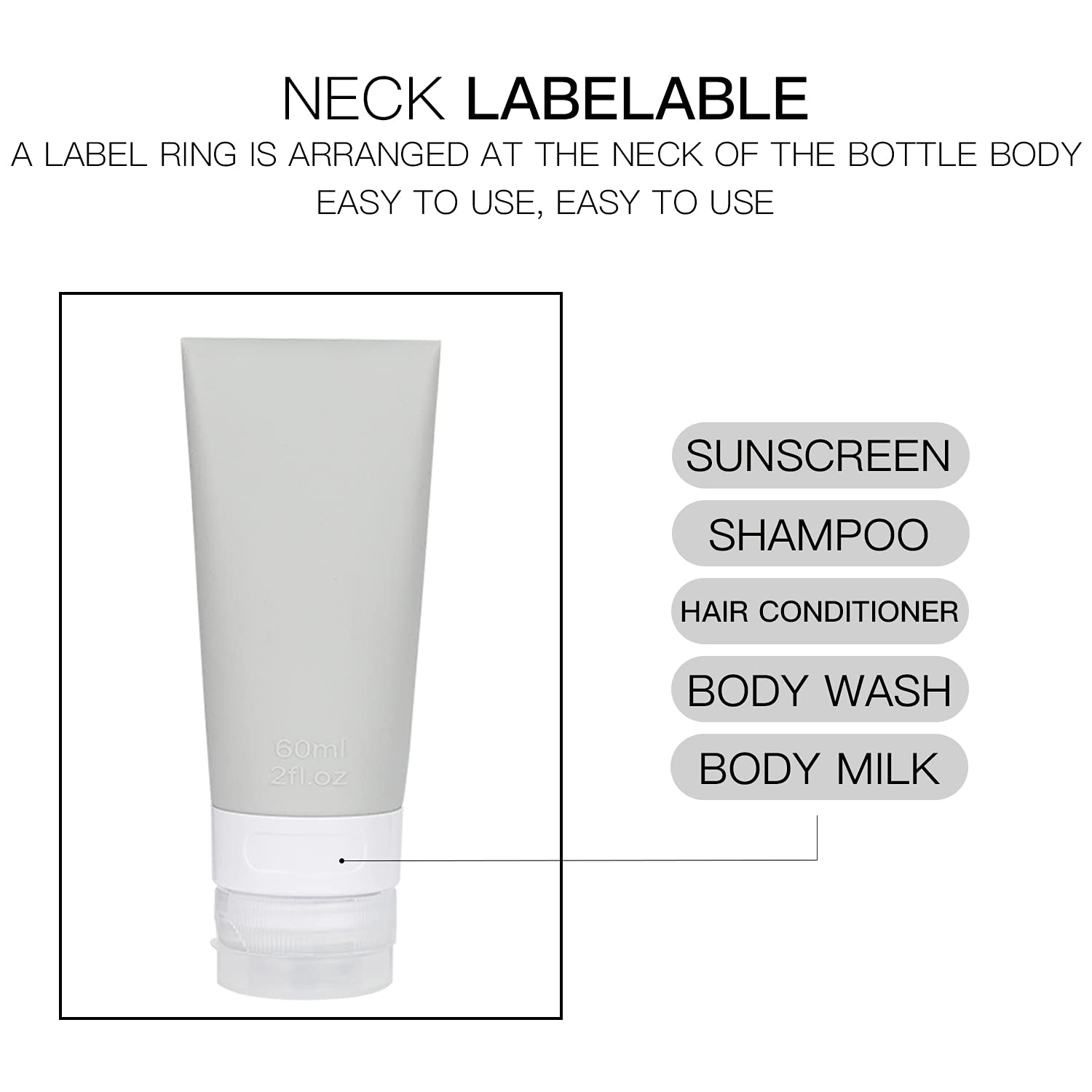 Bouti1583 bouteille voyage silicone gris 60 ml, format compact idéal voyage.