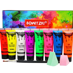 Maquillage UV néon Bowitzki pour visage et corps, éclat sous lumière noire.