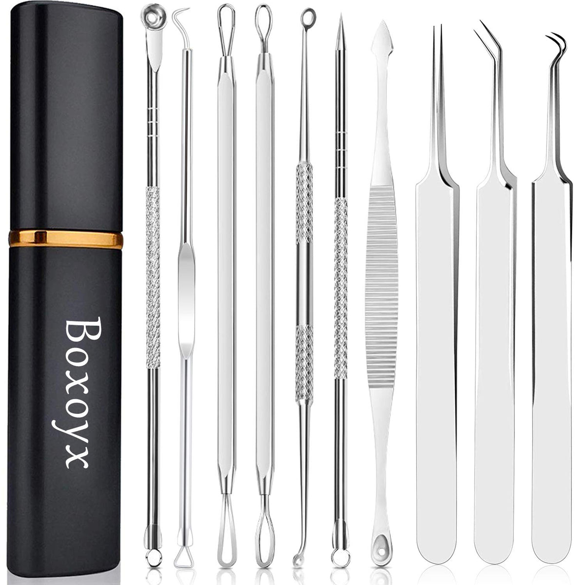 Boxoyx kit-outils-comedons 10pieces: kit complet avec étui métallique pour extraction précise.