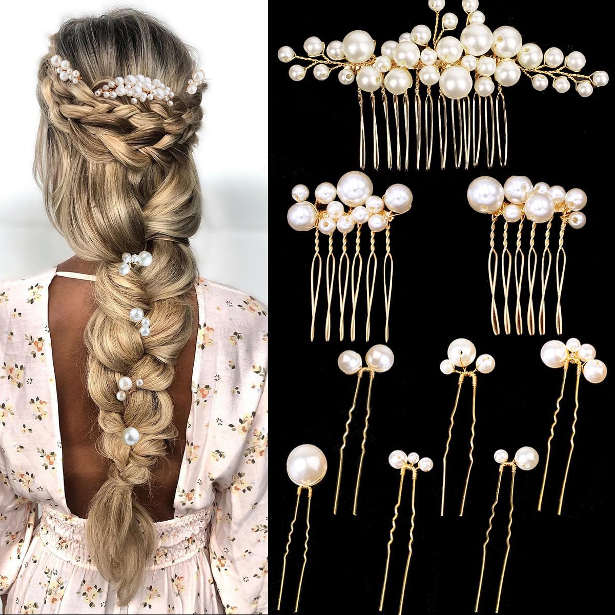 BOYIVI pinces-cheveux perles dorées pour mariage, ensemble élégant.