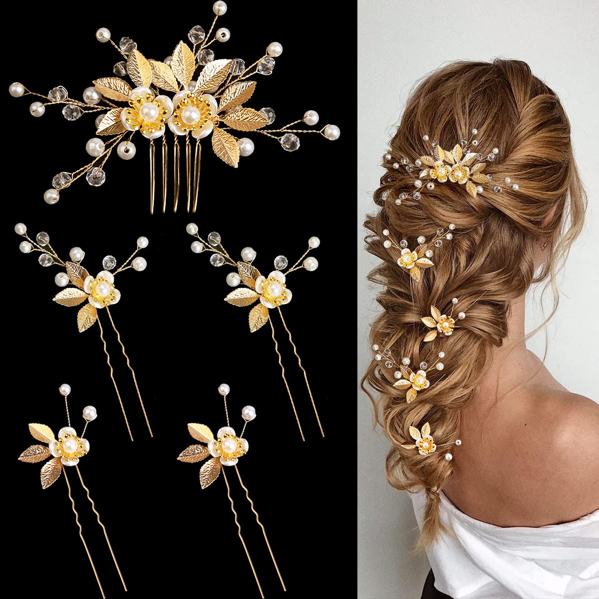 BOYIVI feuilles d'or et broches-cheveux sur un ensemble pour mariage, élégant et scintillant
