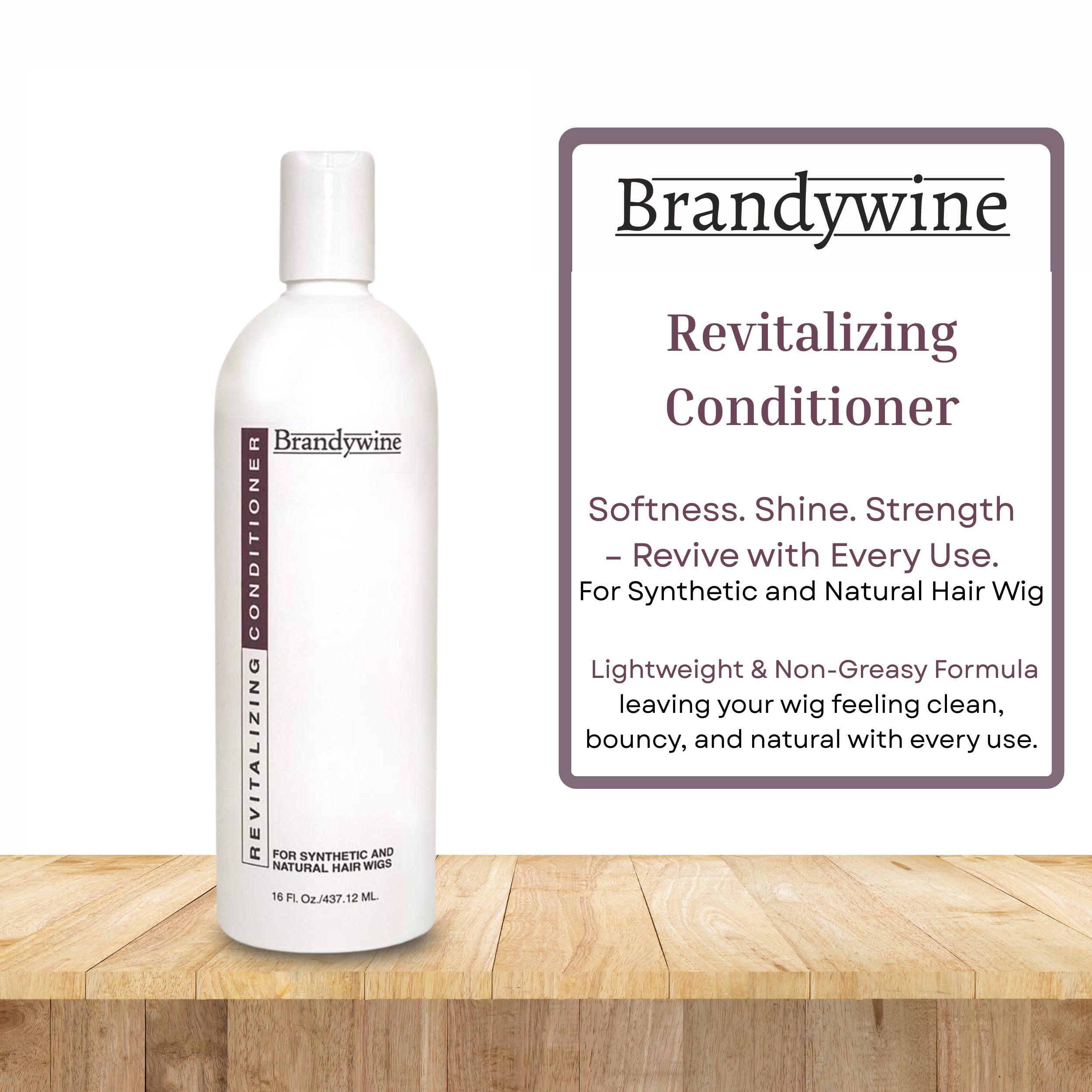 Brandywine Conditionneur Revitalisant, étiquette lisible, précise usage pour perruques.