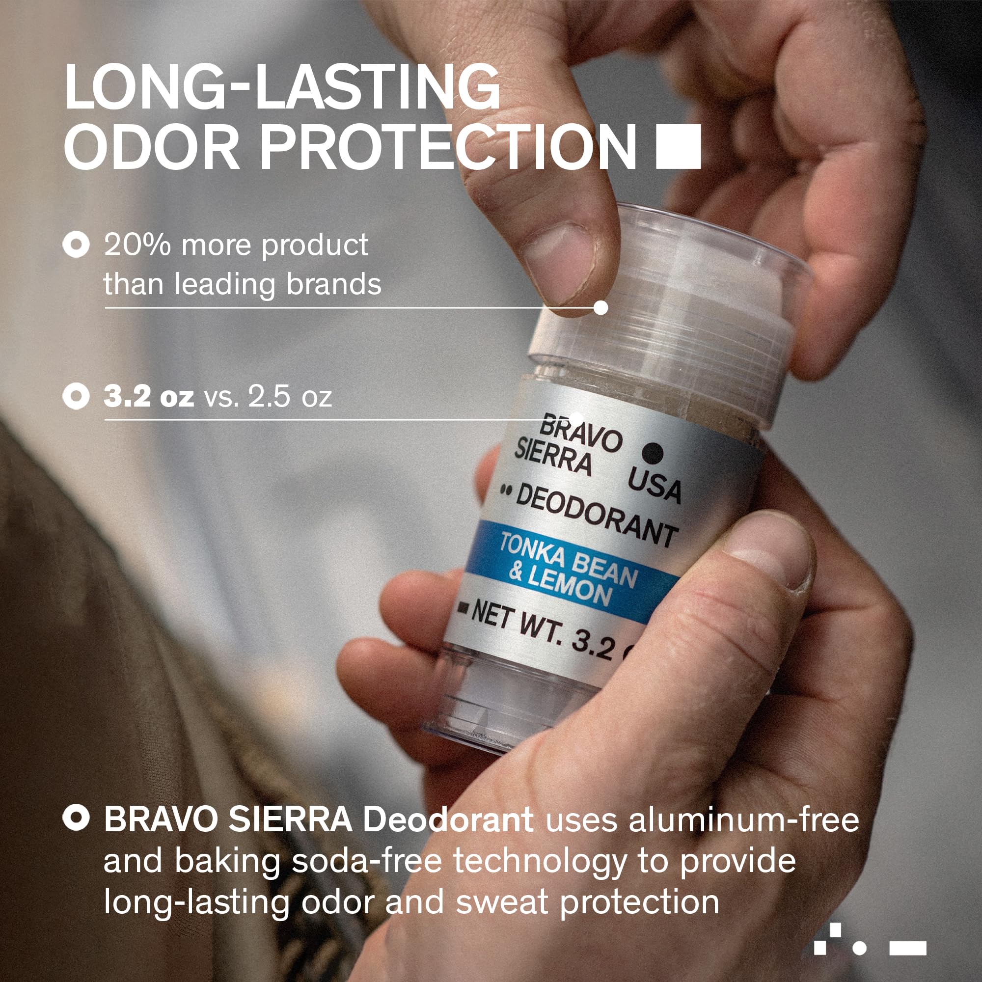 Boîte Bravo Sierra Déodorant pour homme Tonka-Citron, emballage pratique.