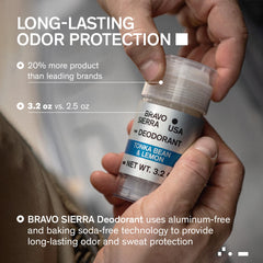 Boîte Bravo Sierra Déodorant pour homme Tonka-Citron, emballage pratique.