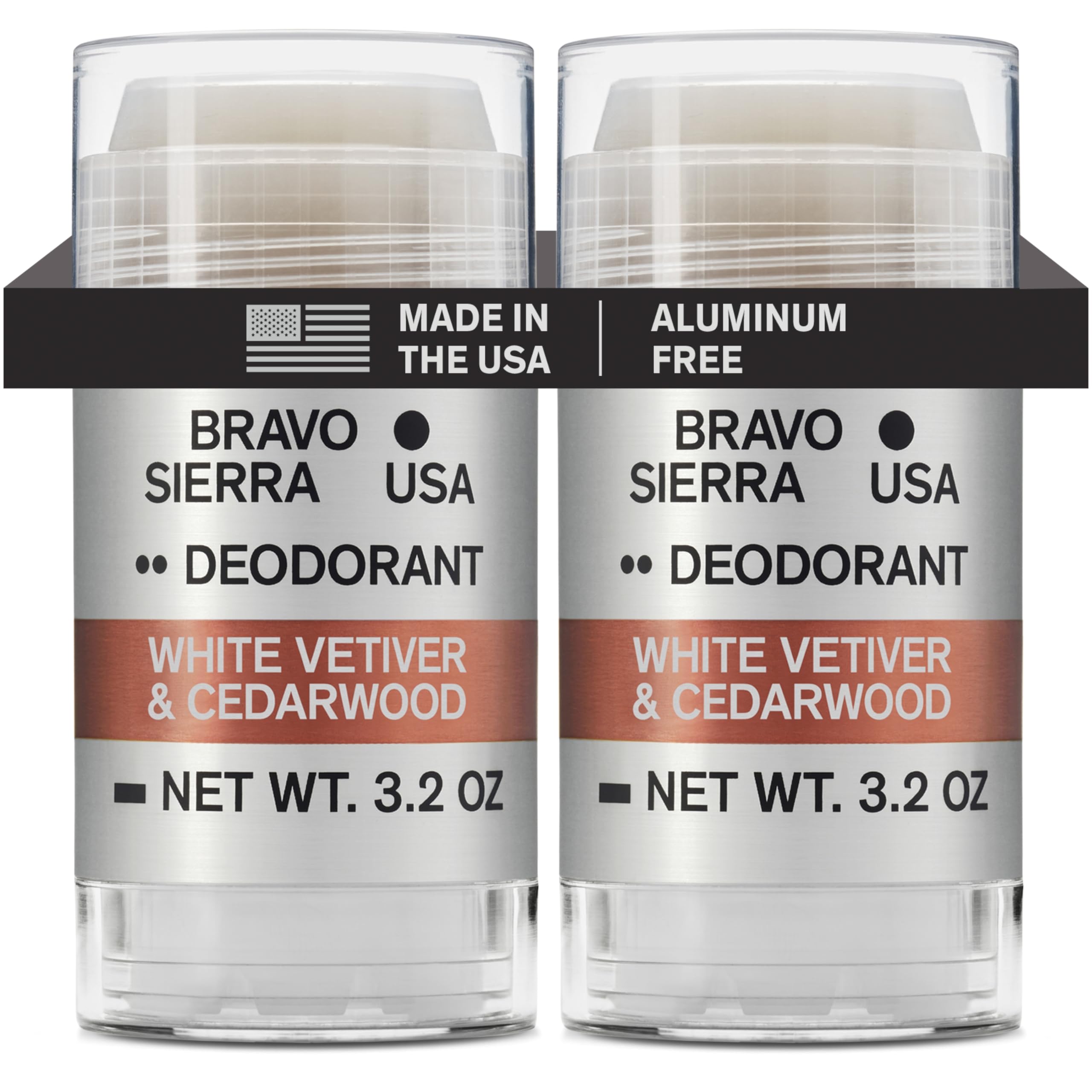 Deodorant Bravo Sierra sans aluminium, paquet double, vetiver blanc et cedre, protection longue duree.