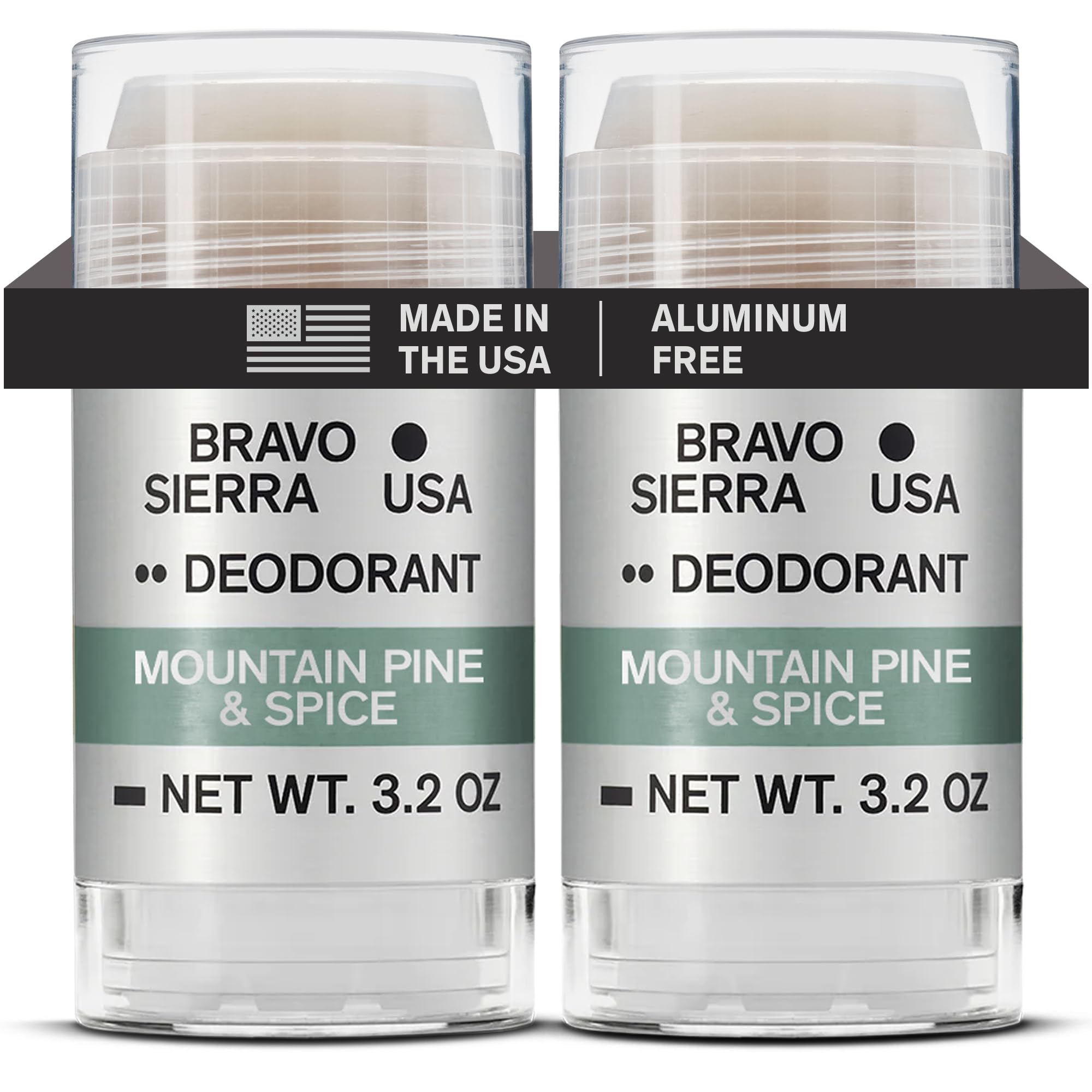 Déodorant Bravo Sierra sans aluminium au parfum pin-montagne-épicé pour une fraîcheur durable.