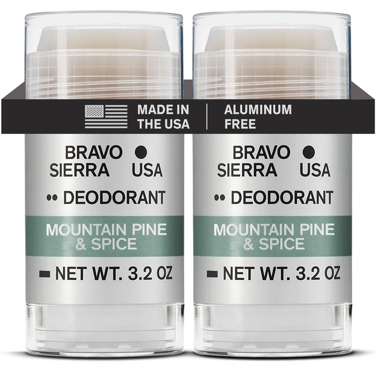 Déodorant Bravo Sierra sans aluminium au parfum pin-montagne-épicé pour une fraîcheur durable.