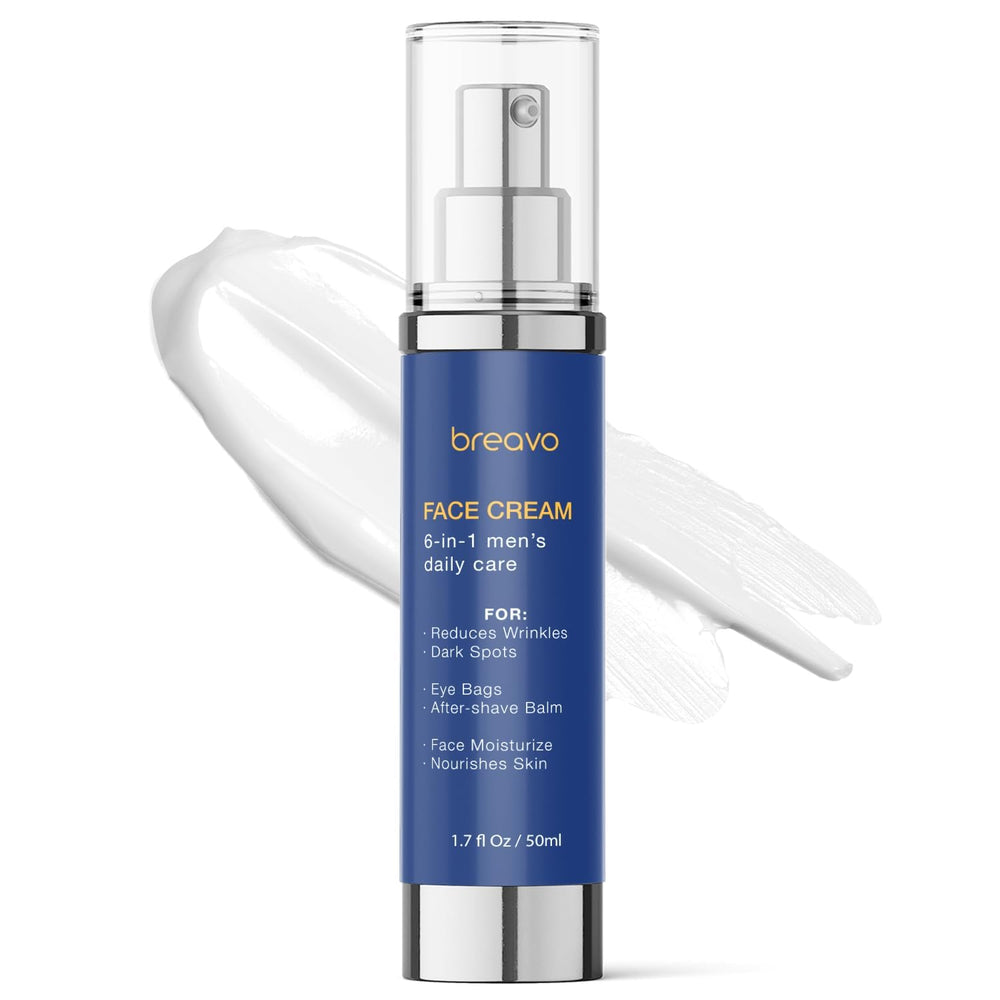 Breavo 6 en 1, crème visage homme – bouteille visible, peau mate et hydratée.
