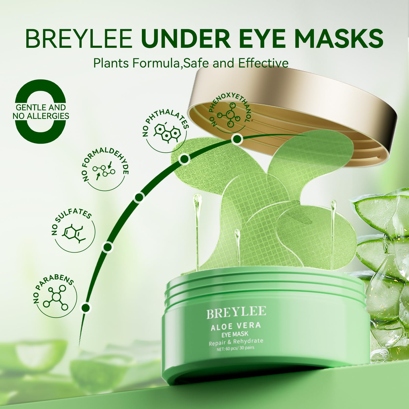 BREYLEE Aloe Vera Eye Masks featuring collagen formula for improved skin elasticity.
