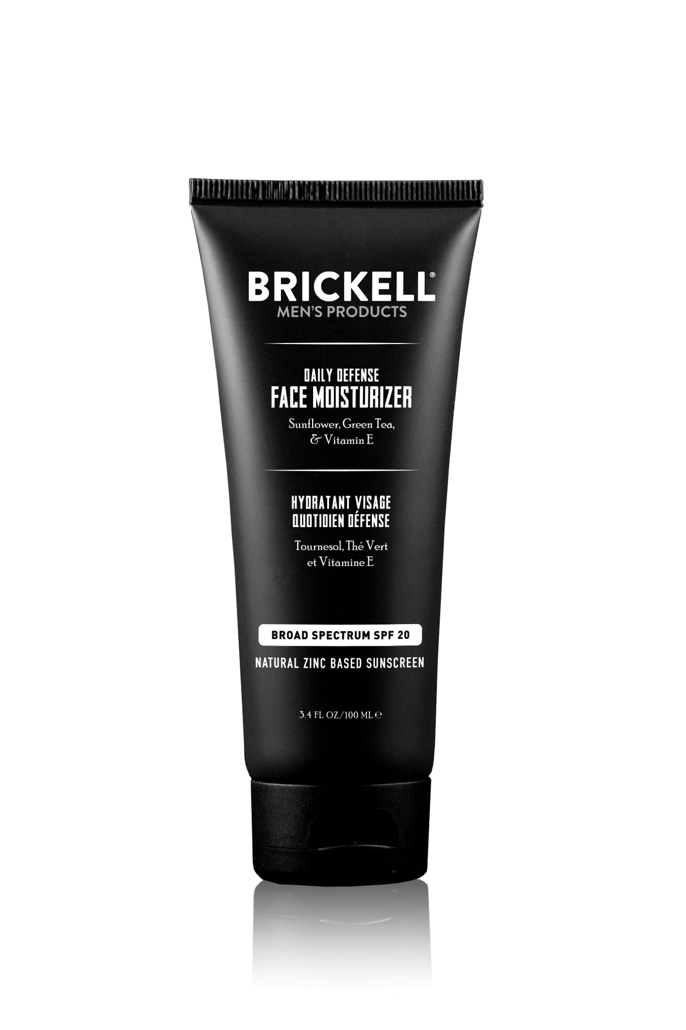 Brickell Daily Defense SPF20 pour visage, bouteille visible, hydratation légère et protection UVA/UVB.