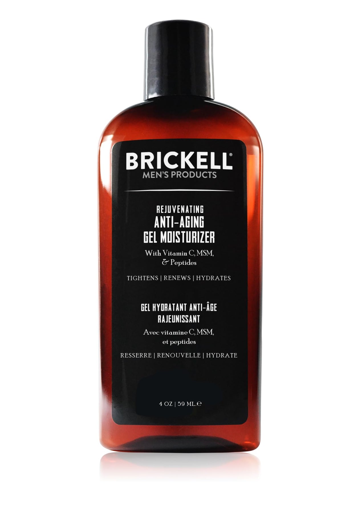 Brickell Men's Gel Anti-Âge: bouteille et texture légère pour hydratation rapide.