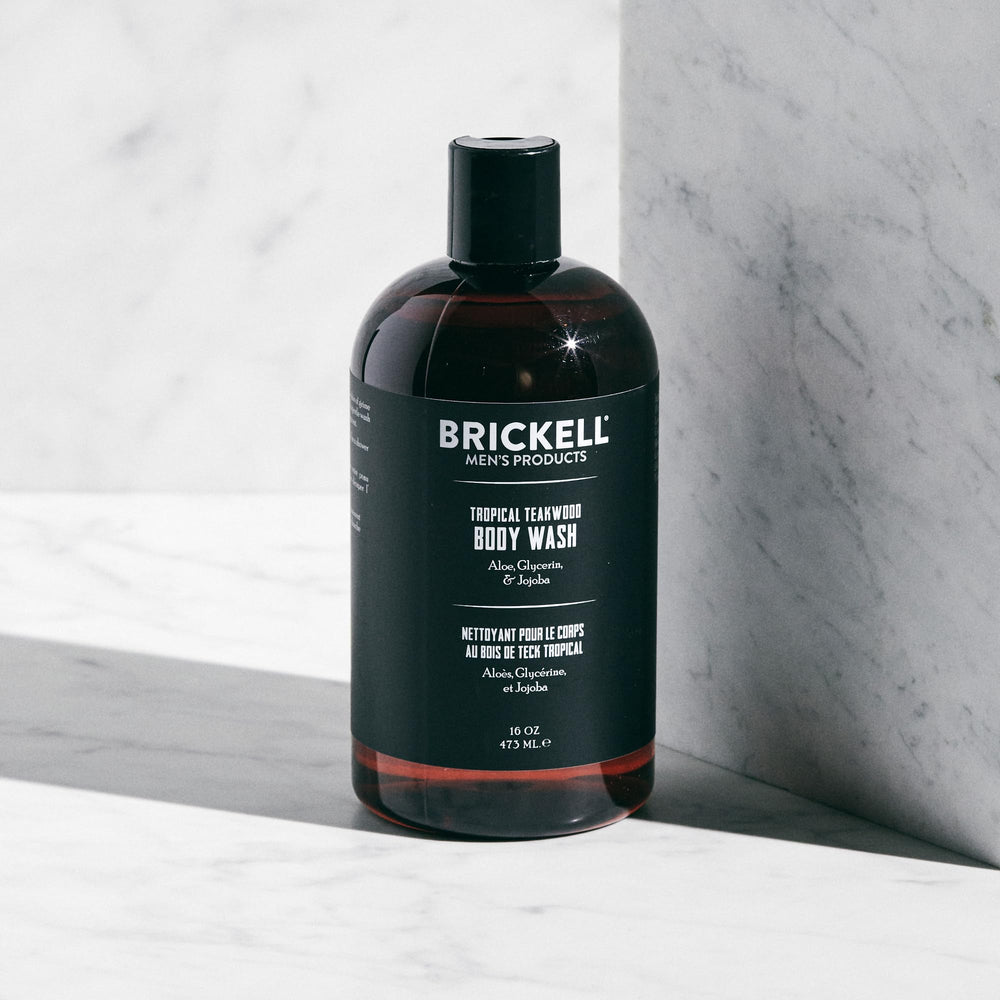Gel douche Brickell — ingrédients naturels visibles, soin hydratant sans agressivité.