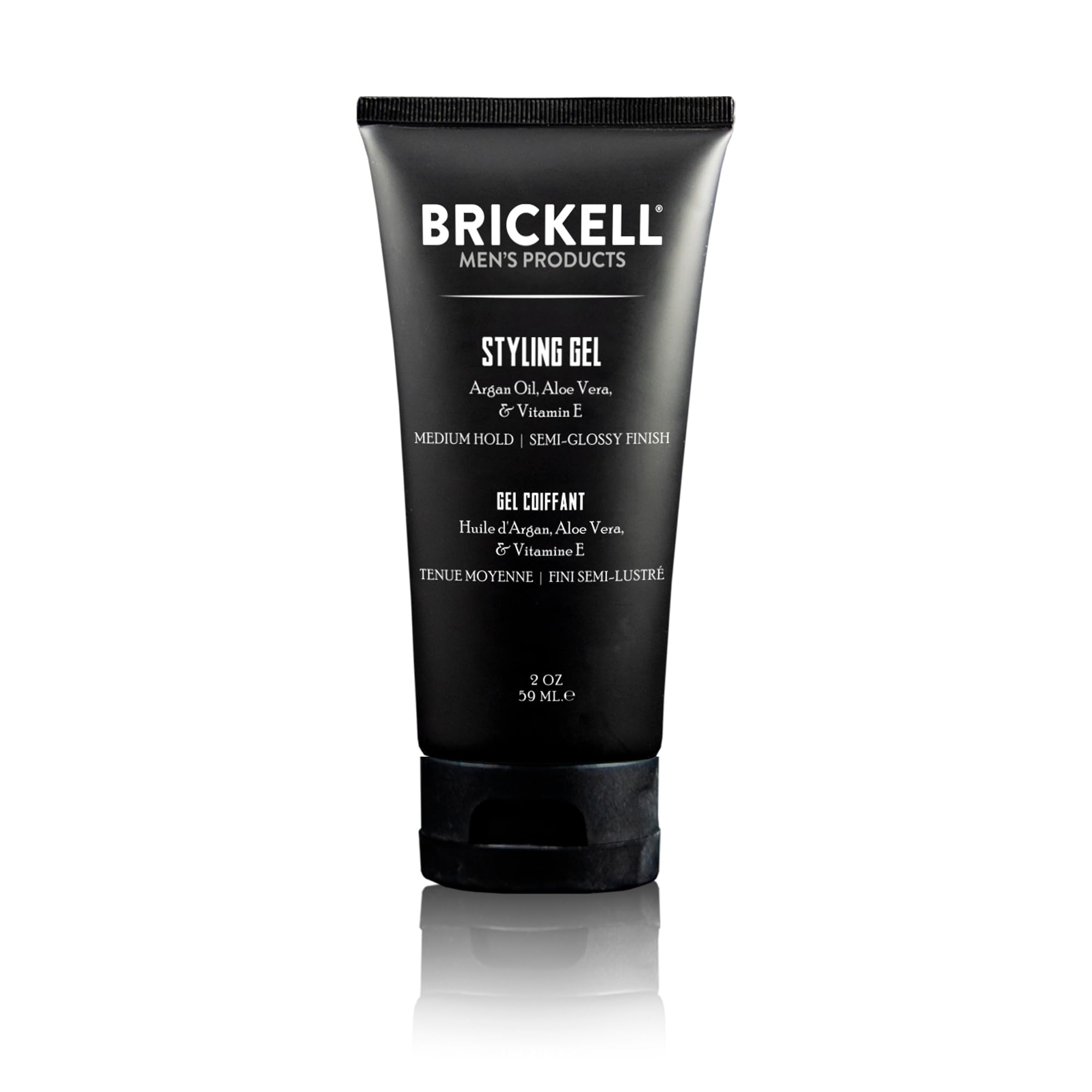 Gel-cheveux Brickell Men dans une bouteille de 2 onces, tenue moyenne et brillance naturelle.