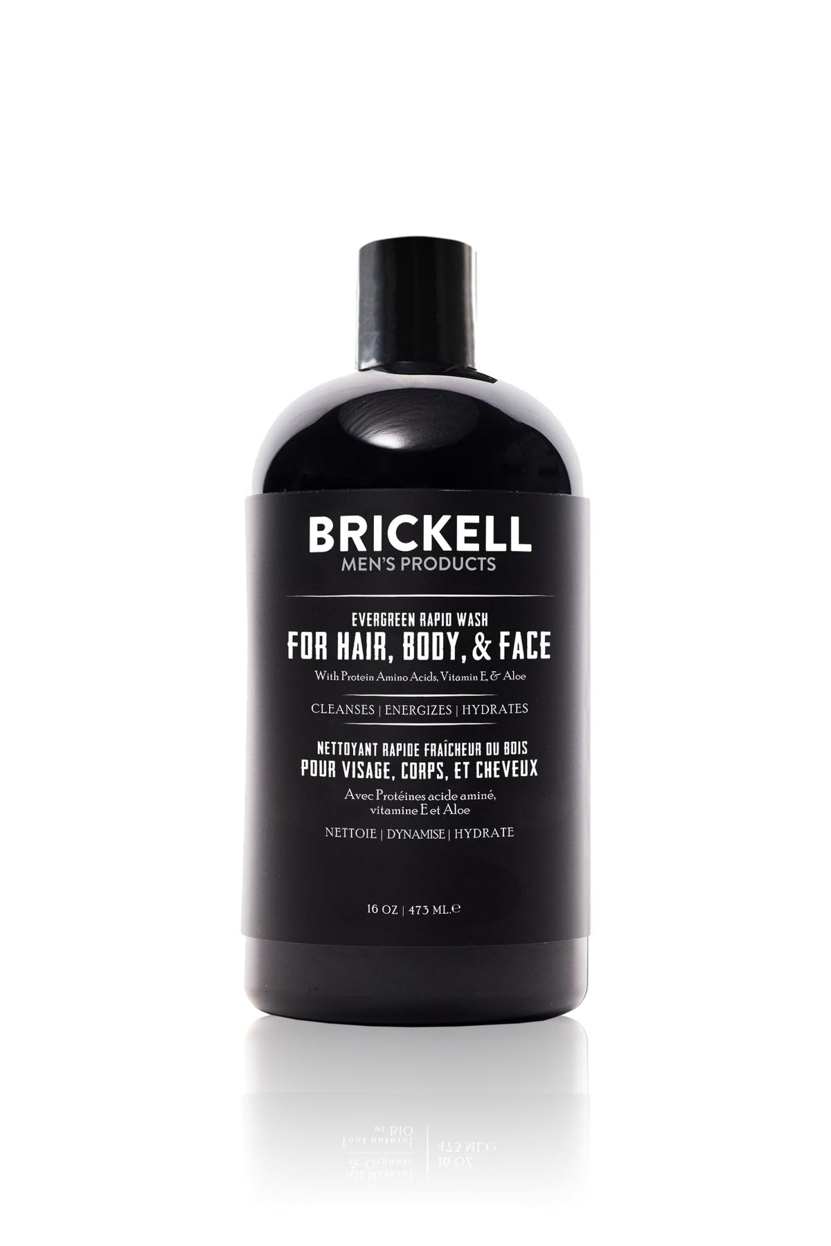 Brickell Rapid Wash bouteille pompe verte, nettoie cheveux et corps en une étape pratique.