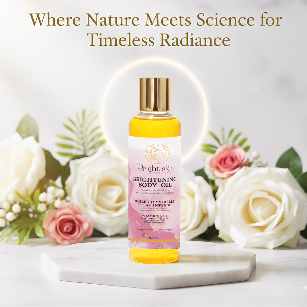 Bright Skin Cosmetics bouteille huile corps éclaircissante avec pompe pour une application facile.