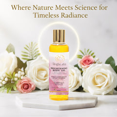 Bright Skin Cosmetics bouteille huile corps éclaircissante avec pompe pour une application facile.