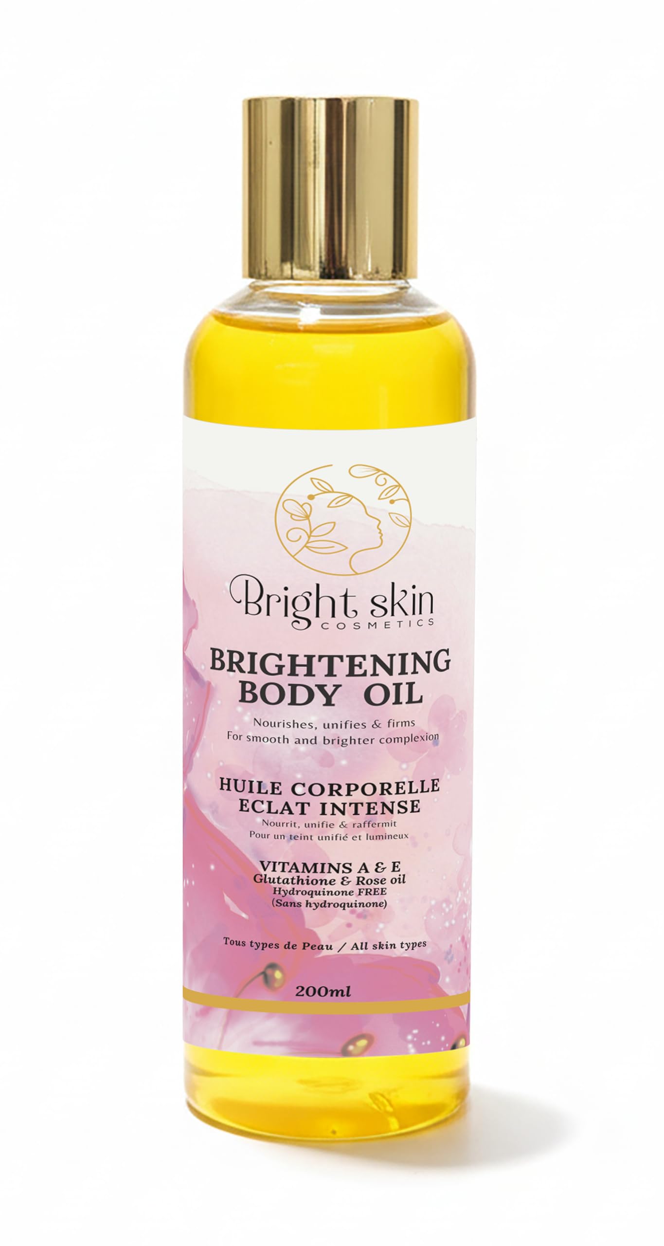 Bright Skin Cosmetics huile-corps éclaircissante, flacon 6,5 onces, texture légère et fluide.