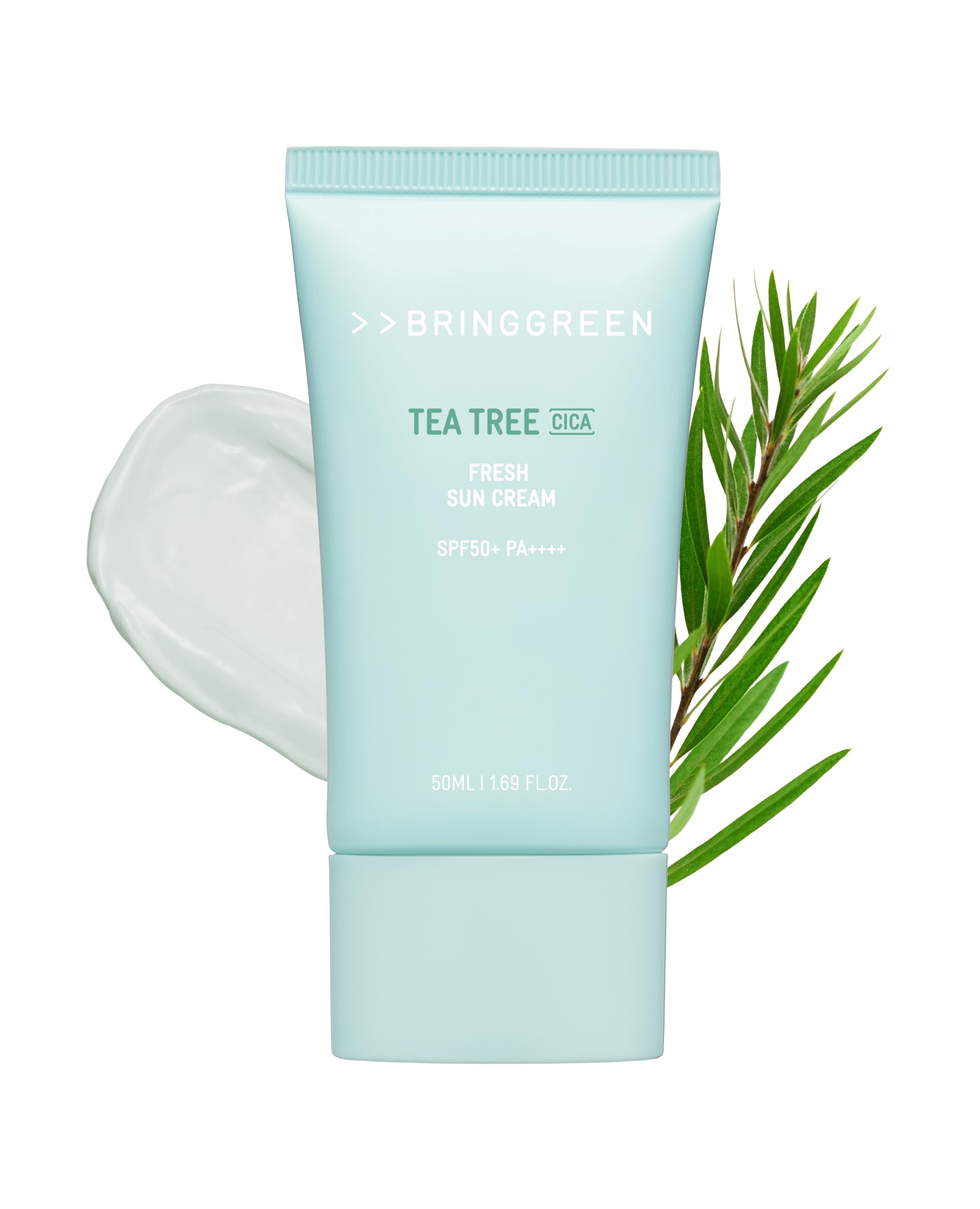 BRING GREEN Protection Solaire Minérale Tea Tree CICA, flacon pratique pour l'usage quotidien.